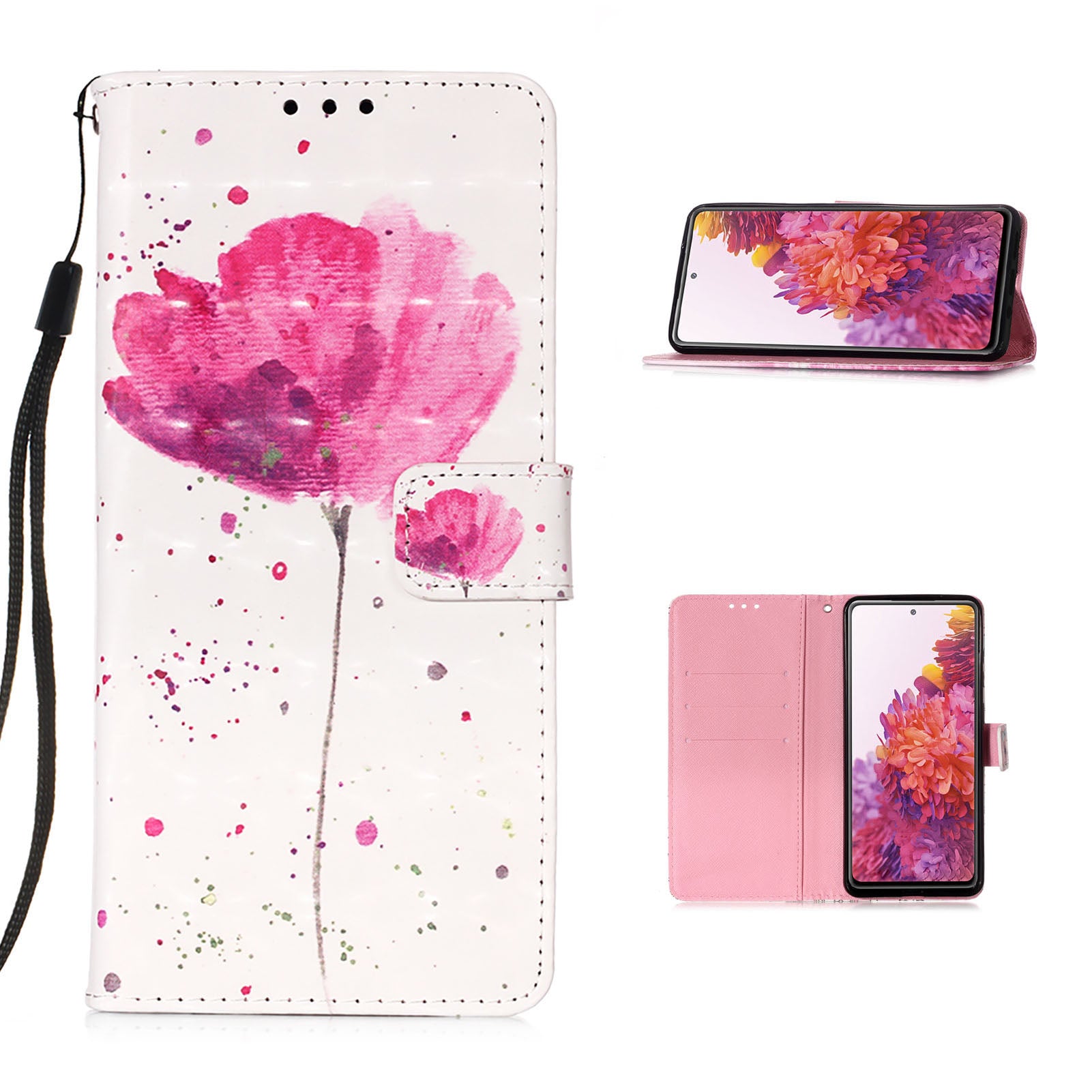 Light Spot Decor Pattern Printing Wallet Stand Leather Phone Casing with Strap for Samsung Galaxy S20 FE 4G/FE 5G/S20 Lite/S20 FE 2022 - Flower