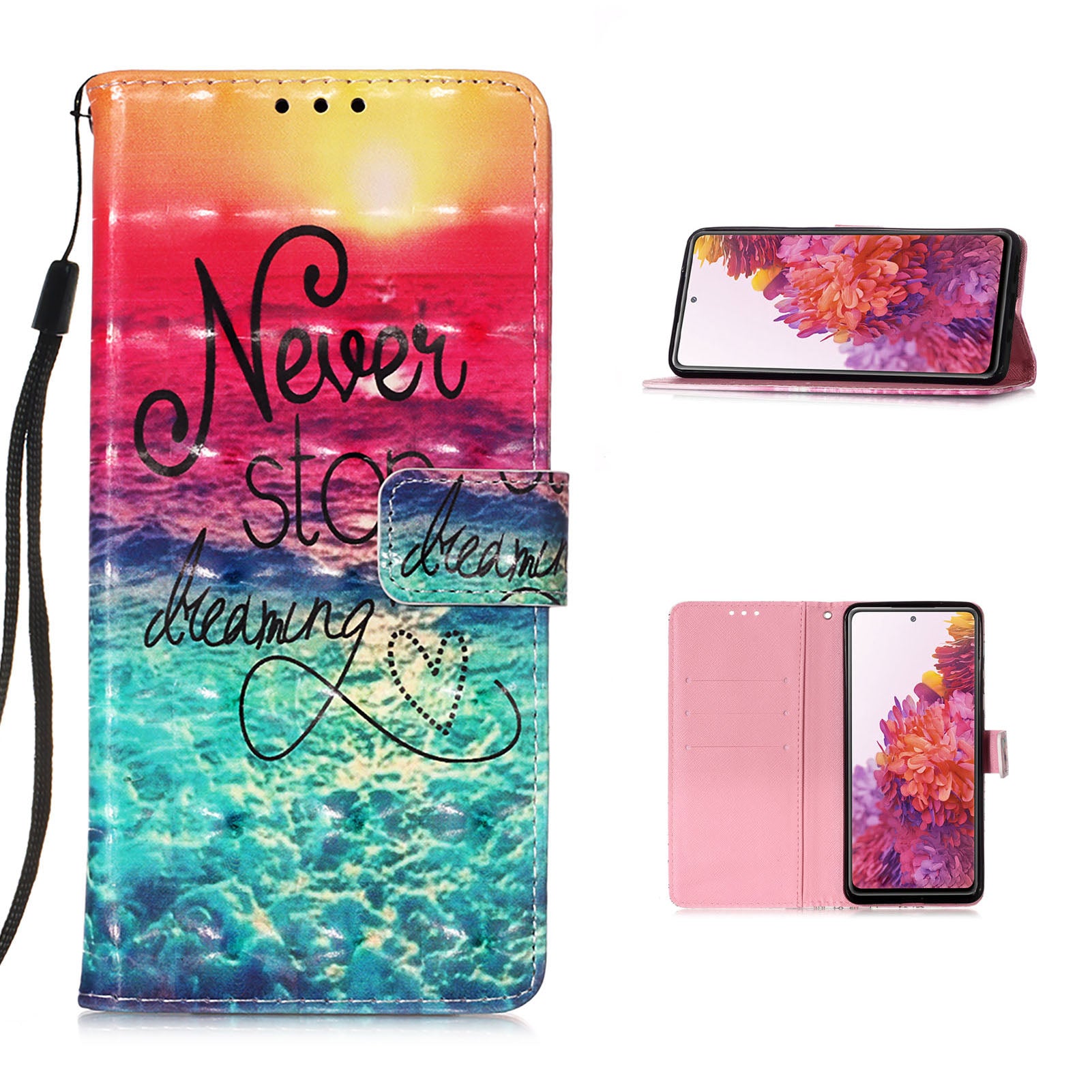 Light Spot Decor Pattern Printing Wallet Stand Leather Phone Casing with Strap for Samsung Galaxy S20 FE 4G/FE 5G/S20 Lite/S20 FE 2022 - Never Stop Dreaming