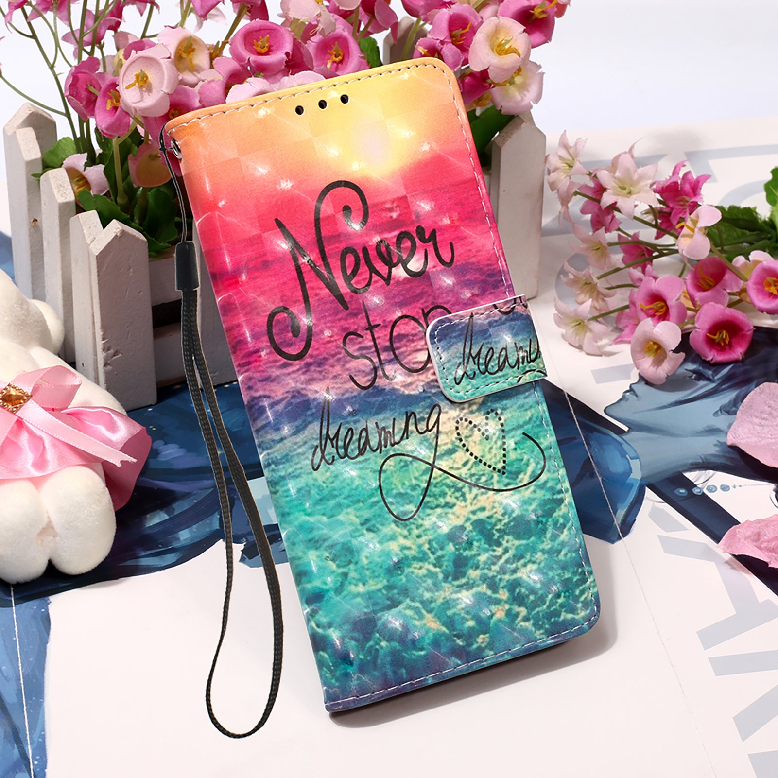 Light Spot Decor Pattern Printing Wallet Stand Leather Phone Casing with Strap for Samsung Galaxy S20 FE 4G/FE 5G/S20 Lite/S20 FE 2022 - Never Stop Dreaming