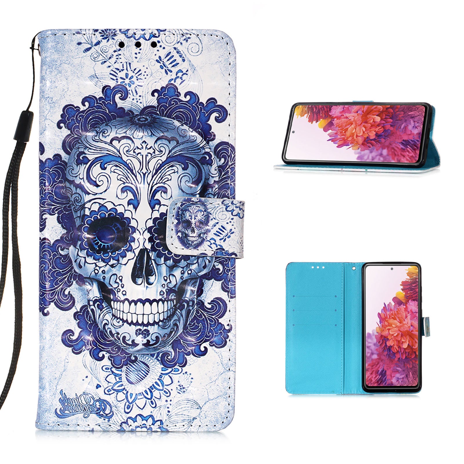 Light Spot Decor Pattern Printing Wallet Stand Leather Phone Casing with Strap for Samsung Galaxy S20 FE 4G/FE 5G/S20 Lite/S20 FE 2022 - Skull