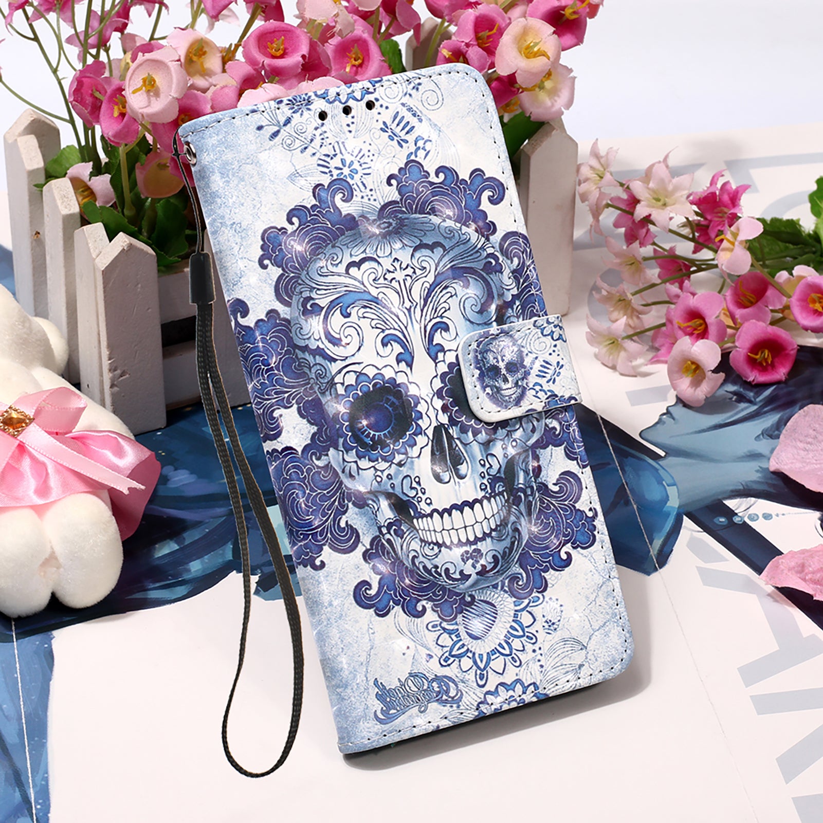 Light Spot Decor Pattern Printing Wallet Stand Leather Phone Casing with Strap for Samsung Galaxy S20 FE 4G/FE 5G/S20 Lite/S20 FE 2022 - Skull