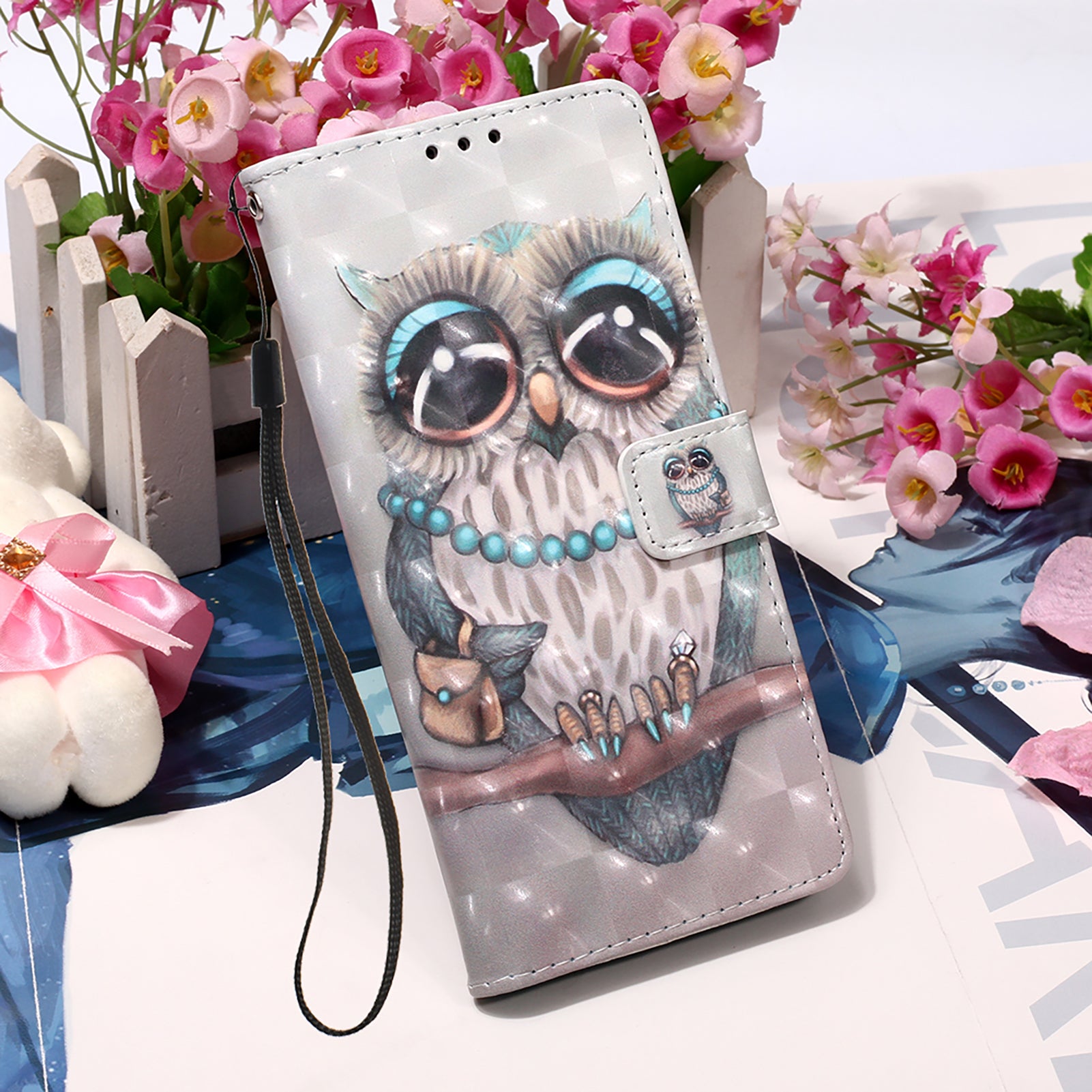 Light Spot Decor Pattern Printing Wallet Stand Leather Phone Casing with Strap for Samsung Galaxy S20 FE 4G/FE 5G/S20 Lite/S20 FE 2022 - Owl