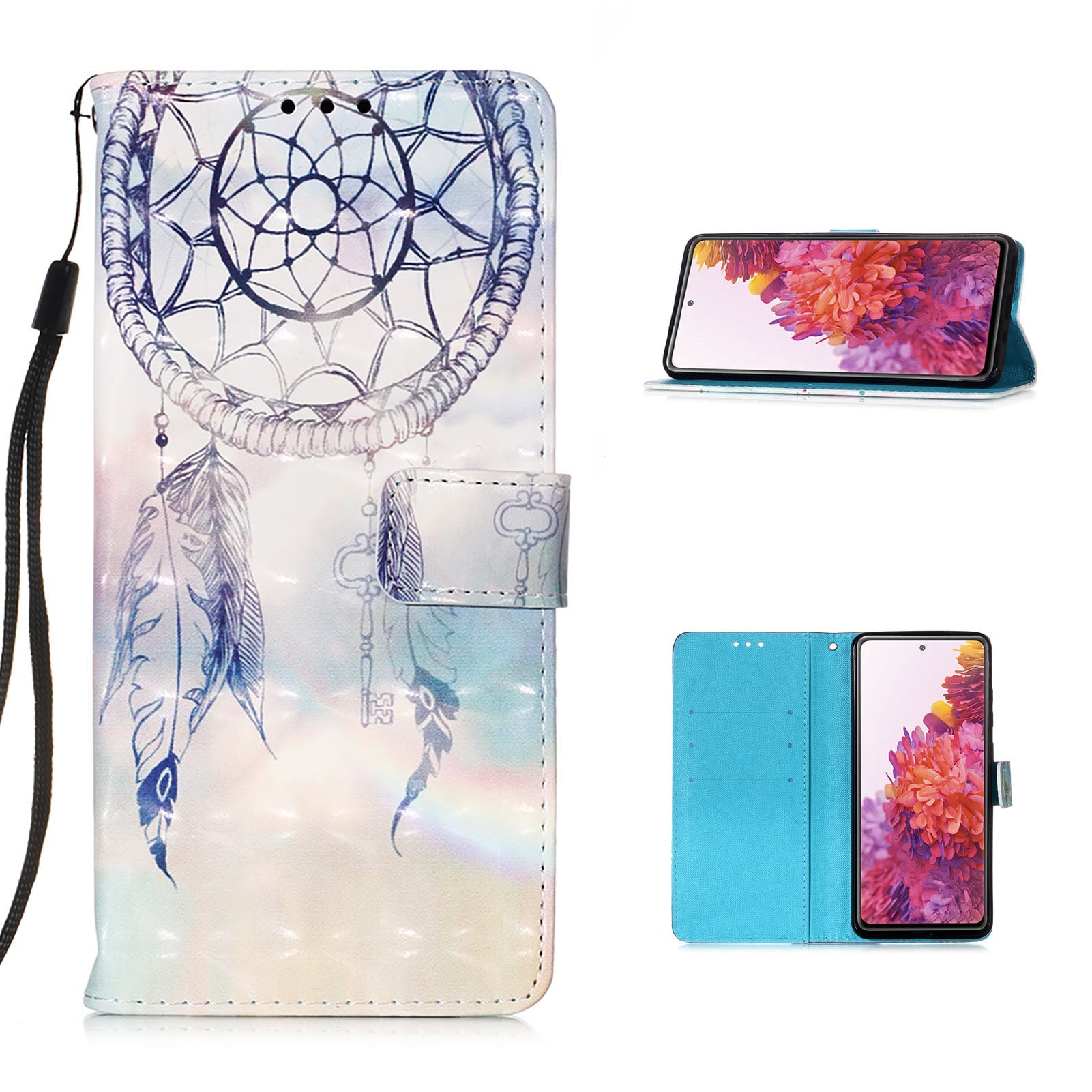 Light Spot Decor Pattern Printing Wallet Stand Leather Phone Casing with Strap for Samsung Galaxy S20 FE 4G/FE 5G/S20 Lite/S20 FE 2022 - Blue Dream Catcher