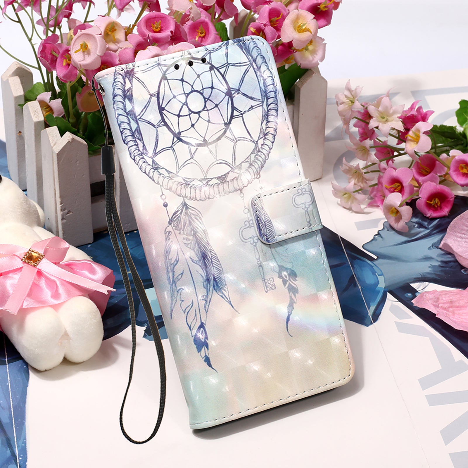 Light Spot Decor Pattern Printing Wallet Stand Leather Phone Casing with Strap for Samsung Galaxy S20 FE 4G/FE 5G/S20 Lite/S20 FE 2022 - Blue Dream Catcher