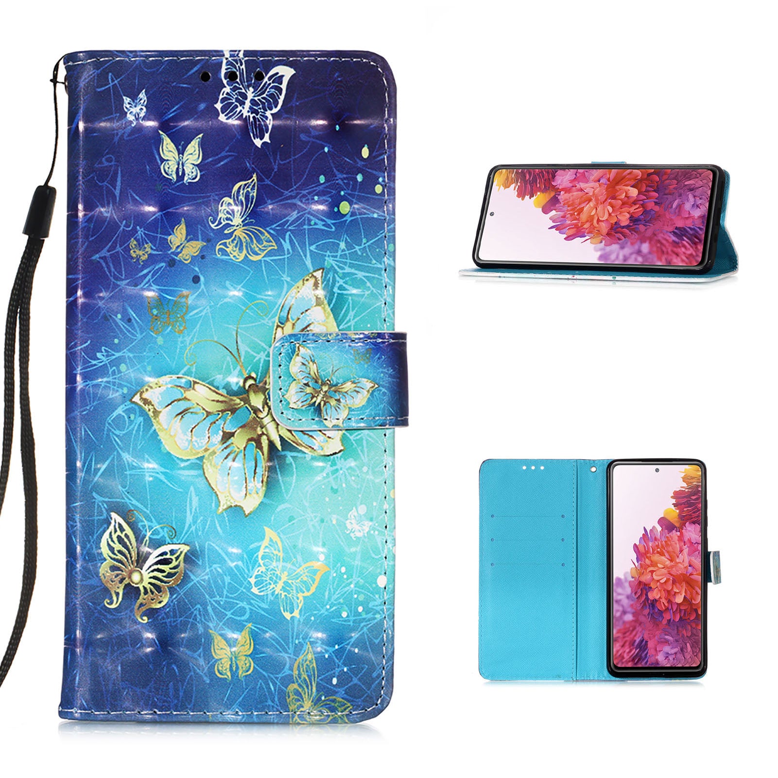 Light Spot Decor Pattern Printing Wallet Stand Leather Phone Casing with Strap for Samsung Galaxy S20 FE 4G/FE 5G/S20 Lite/S20 FE 2022 - Butterfly