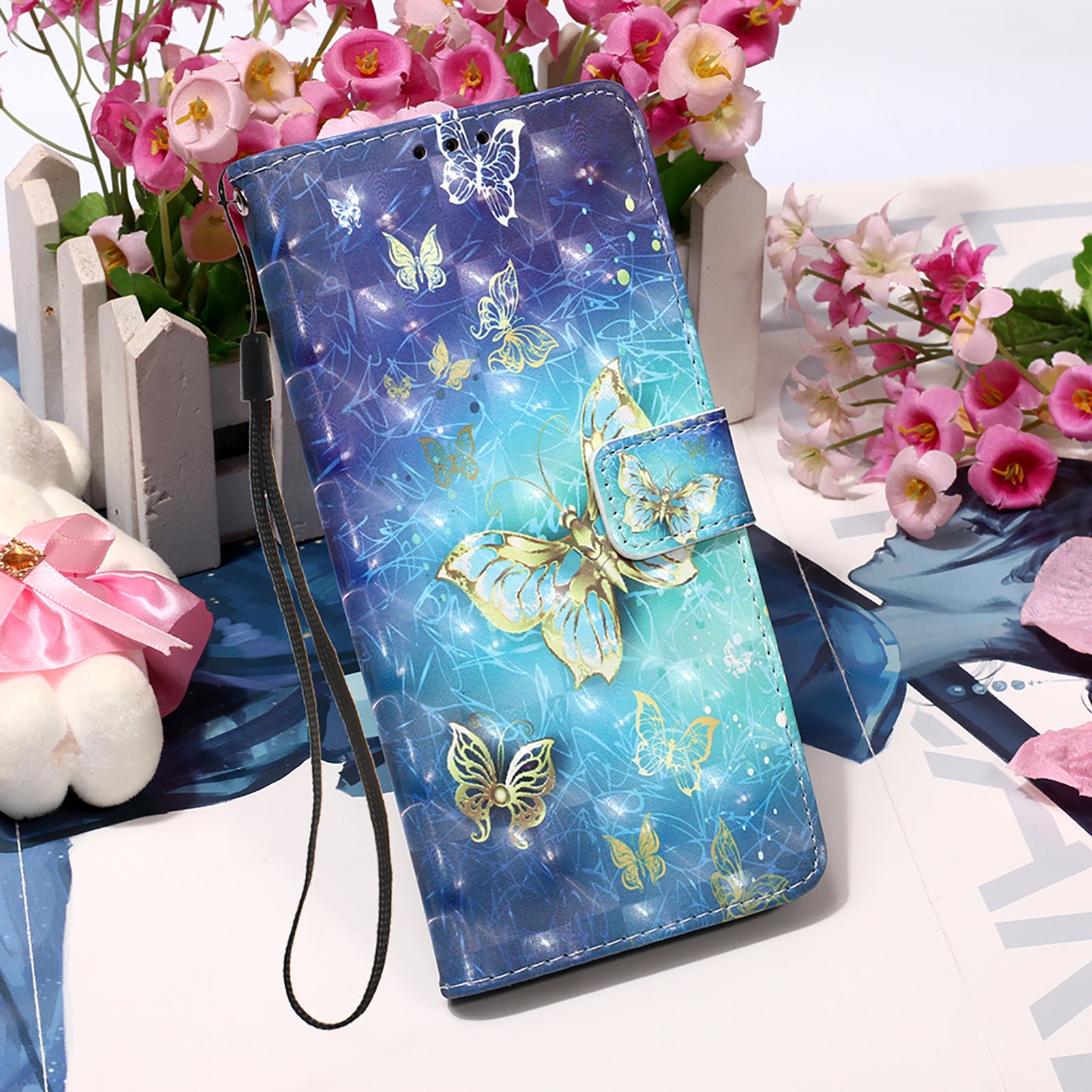 Light Spot Decor Pattern Printing Wallet Stand Leather Phone Casing with Strap for Samsung Galaxy S20 FE 4G/FE 5G/S20 Lite/S20 FE 2022 - Butterfly