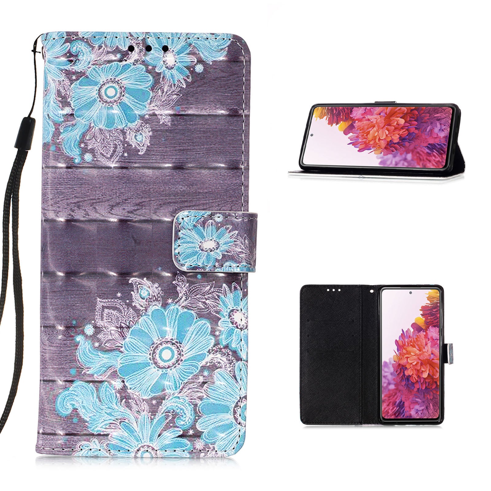 Light Spot Decor Pattern Printing Wallet Stand Leather Phone Casing with Strap for Samsung Galaxy S20 FE 4G/FE 5G/S20 Lite/S20 FE 2022 - Blue Flower