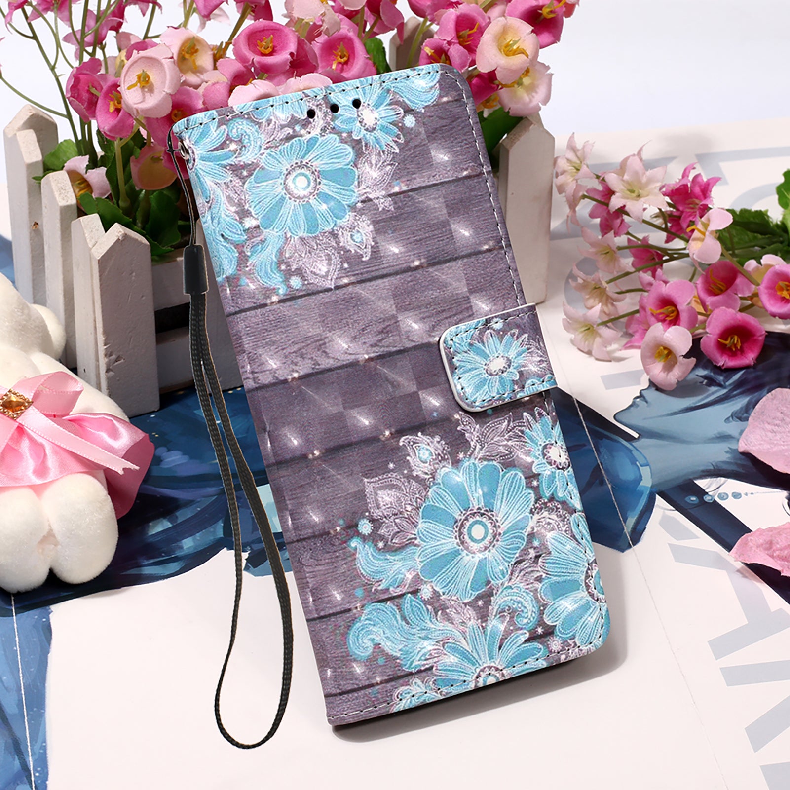 Light Spot Decor Pattern Printing Wallet Stand Leather Phone Casing with Strap for Samsung Galaxy S20 FE 4G/FE 5G/S20 Lite/S20 FE 2022 - Blue Flower