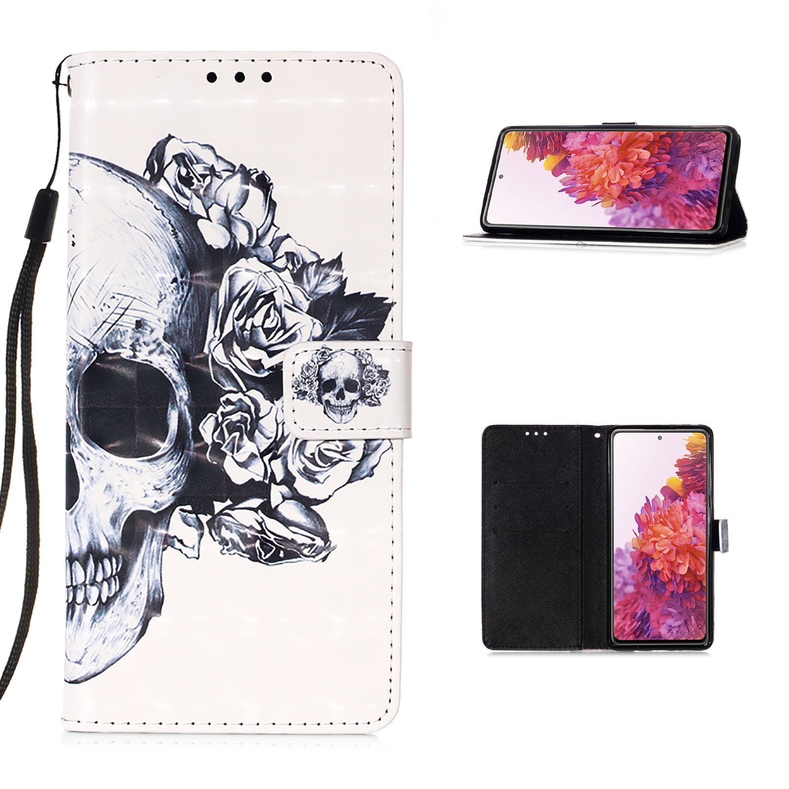 Light Spot Decor Pattern Printing Wallet Stand Leather Phone Casing with Strap for Samsung Galaxy S20 FE 4G/FE 5G/S20 Lite/S20 FE 2022 - Skull and Flower