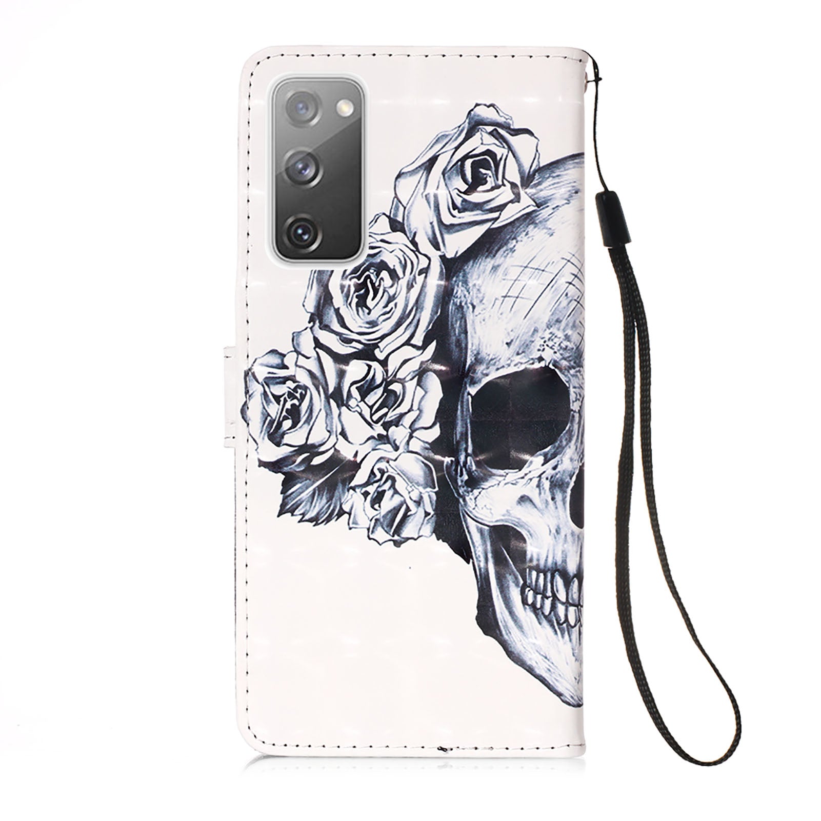 Light Spot Decor Pattern Printing Wallet Stand Leather Phone Casing with Strap for Samsung Galaxy S20 FE 4G/FE 5G/S20 Lite/S20 FE 2022 - Skull and Flower