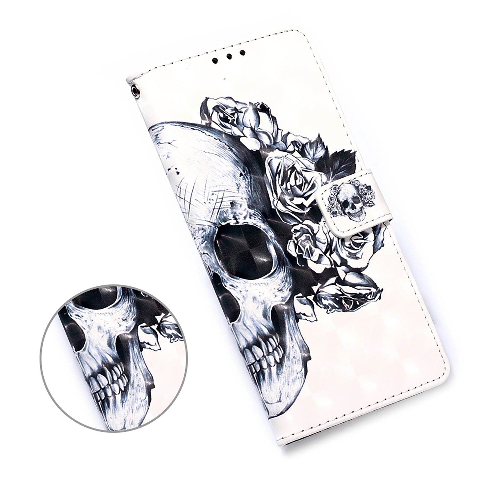 Light Spot Decor Pattern Printing Wallet Stand Leather Phone Casing with Strap for Samsung Galaxy S20 FE 4G/FE 5G/S20 Lite/S20 FE 2022 - Skull and Flower