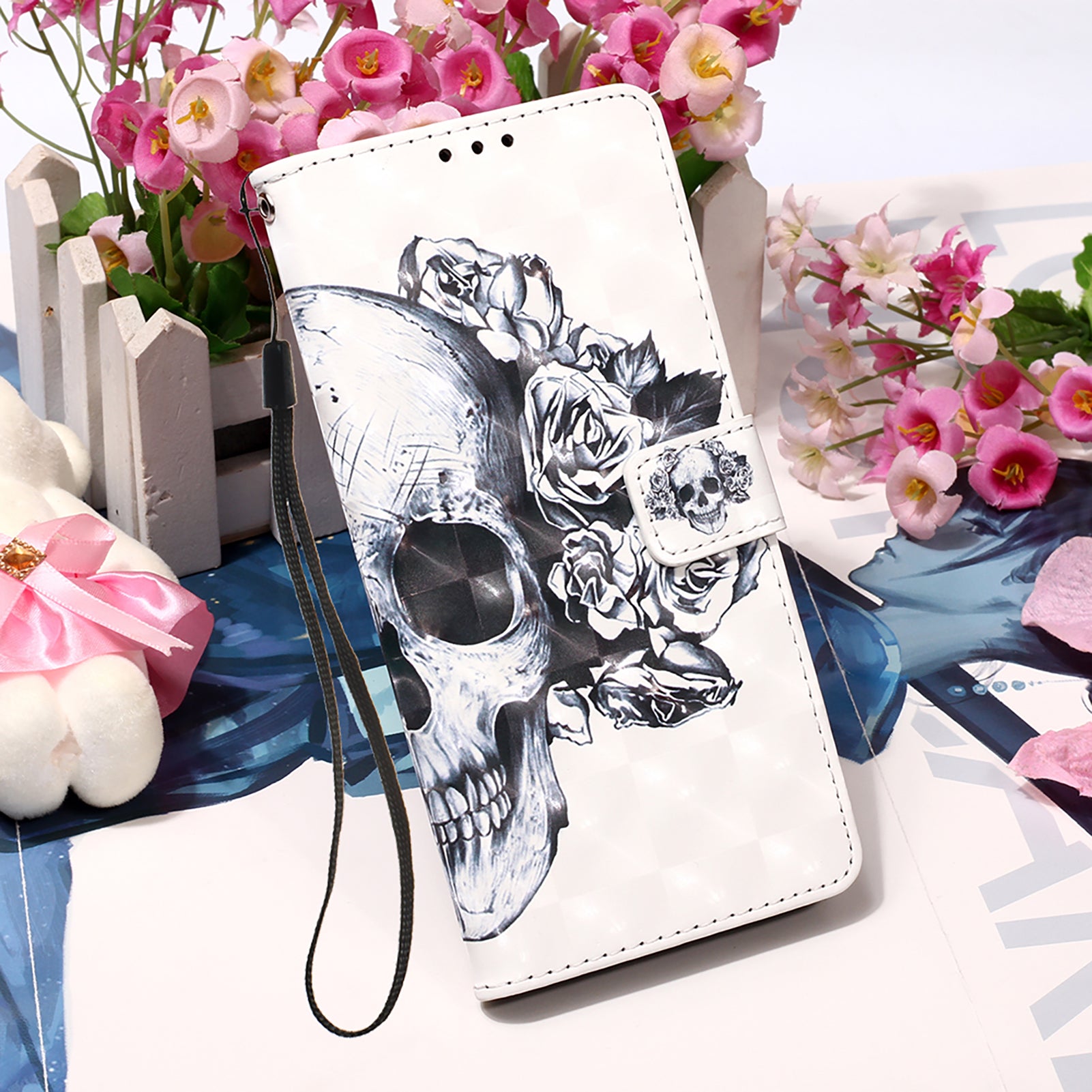 Light Spot Decor Pattern Printing Wallet Stand Leather Phone Casing with Strap for Samsung Galaxy S20 FE 4G/FE 5G/S20 Lite/S20 FE 2022 - Skull and Flower