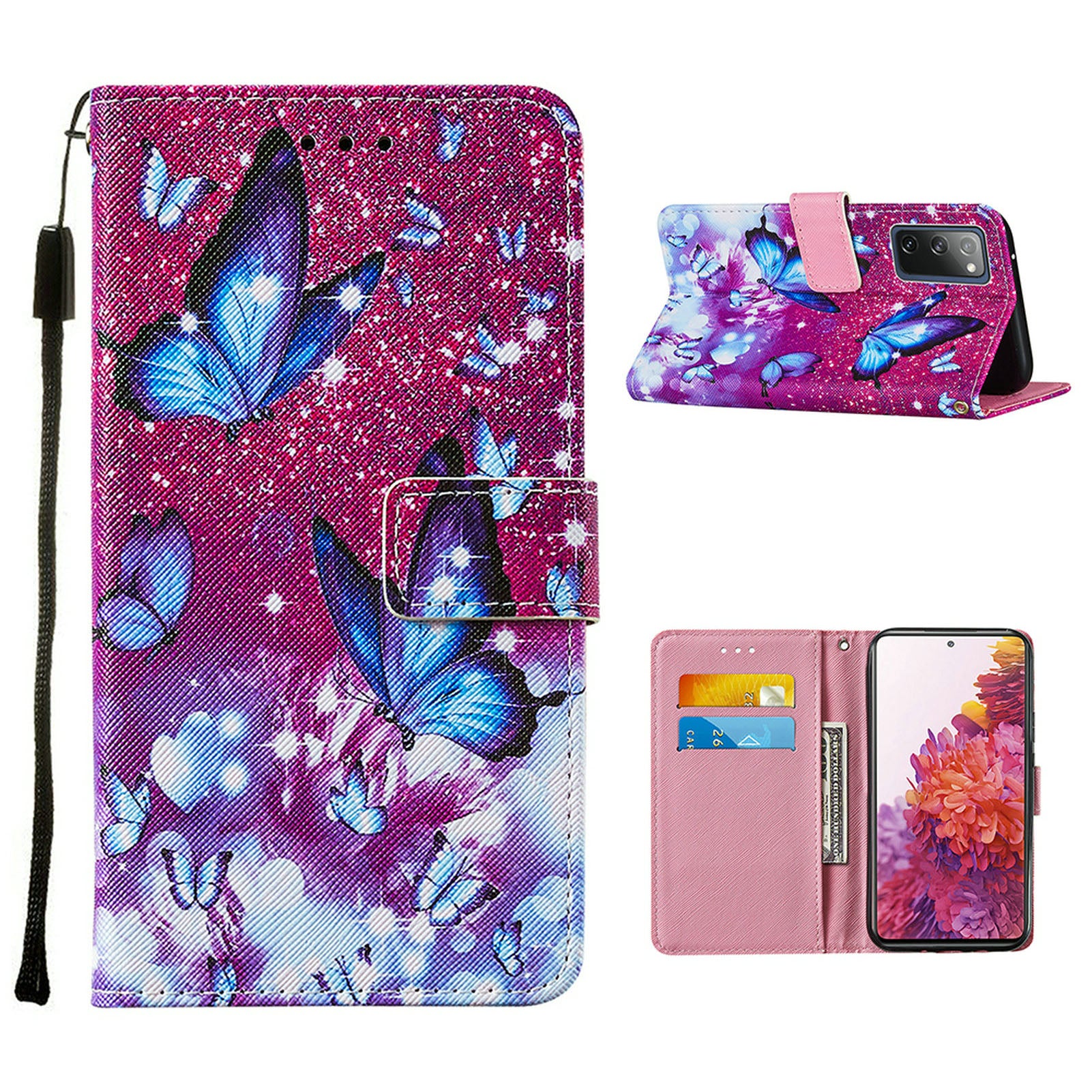 Cross Texture Pattern Printing Flip Leather Wallet Stand Cover for Samsung Galaxy S20 FE 4G/FE 5G/S20 Lite/S20 FE 2022 - Blue Butterfly