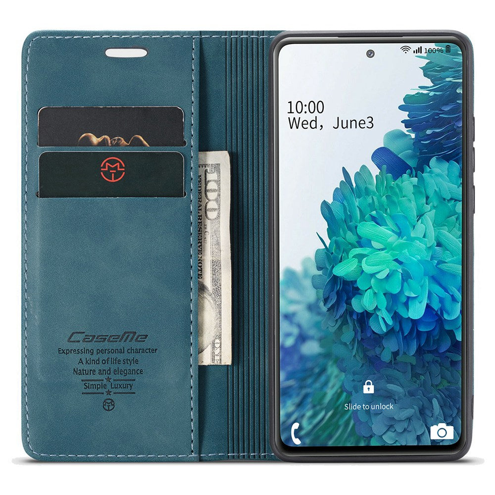 CASEME 013 Series Auto-absorbed Leather Folio Flip Stand Wallet Case for Samsung Galaxy S20 FE 4G/FE 5G/S20 Lite/S20 FE 2022/S20 FE 2022 - Blue