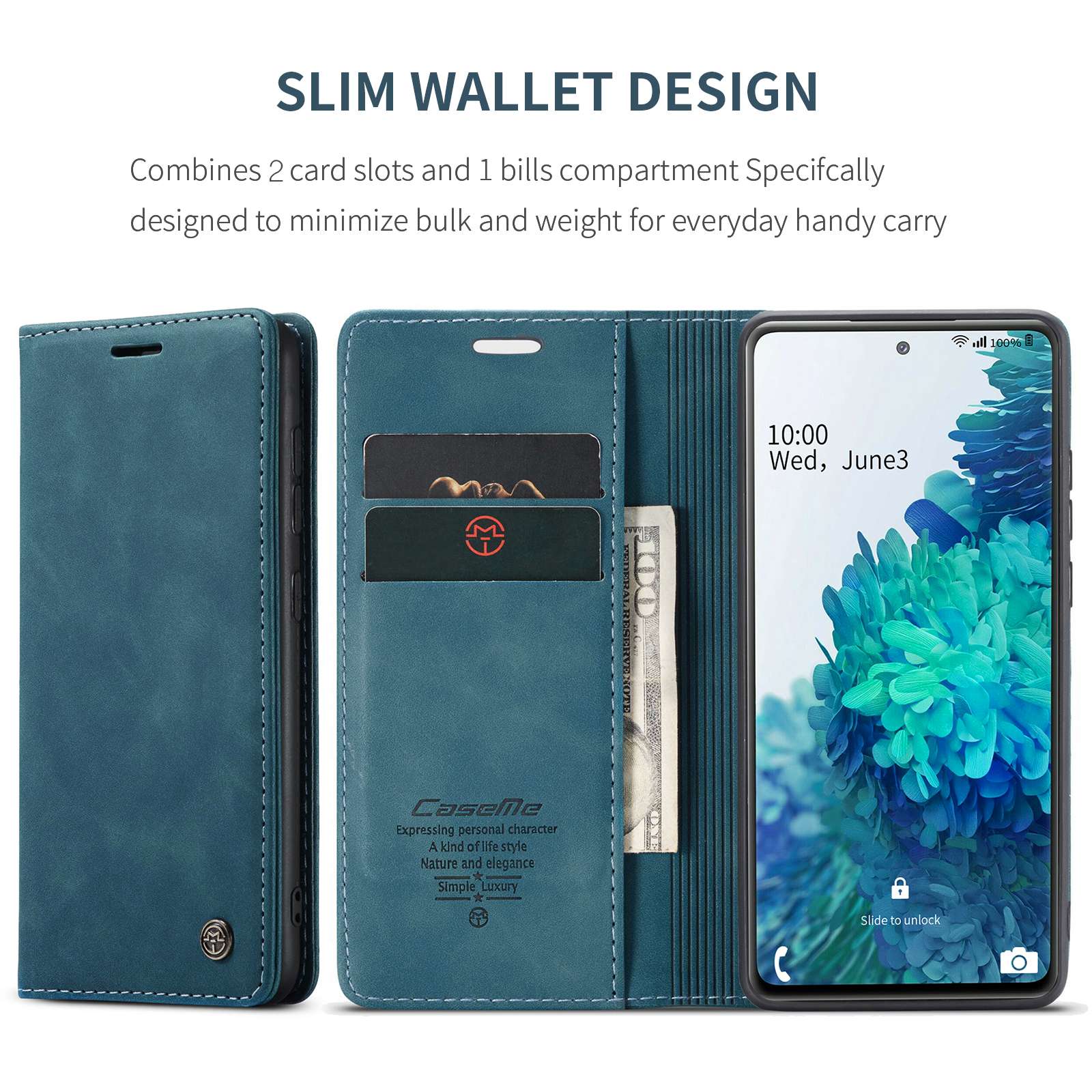 CASEME 013 Series Auto-absorbed Leather Folio Flip Stand Wallet Case for Samsung Galaxy S20 FE 4G/FE 5G/S20 Lite/S20 FE 2022/S20 FE 2022 - Blue