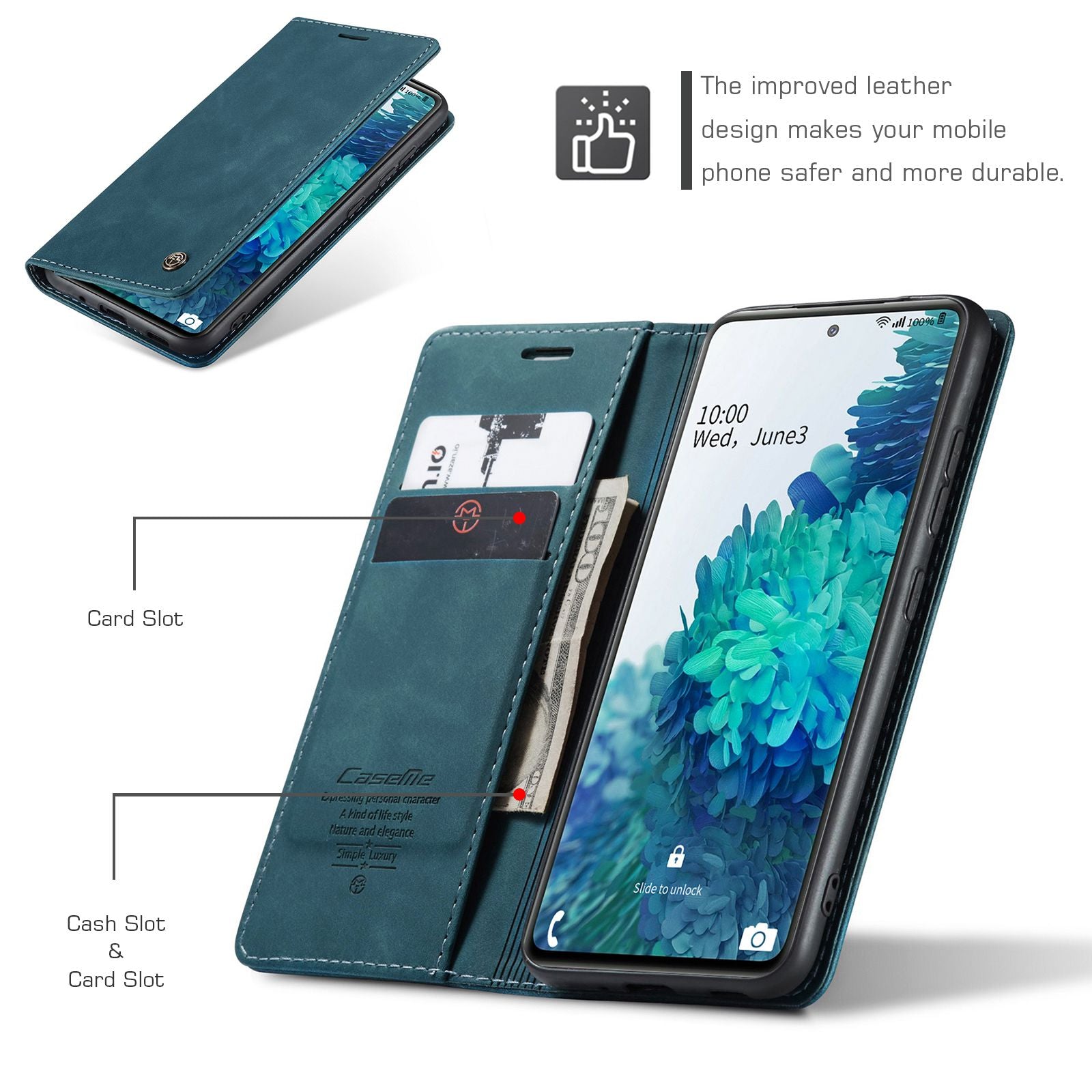 CASEME 013 Series Auto-absorbed Leather Folio Flip Stand Wallet Case for Samsung Galaxy S20 FE 4G/FE 5G/S20 Lite/S20 FE 2022/S20 FE 2022 - Blue