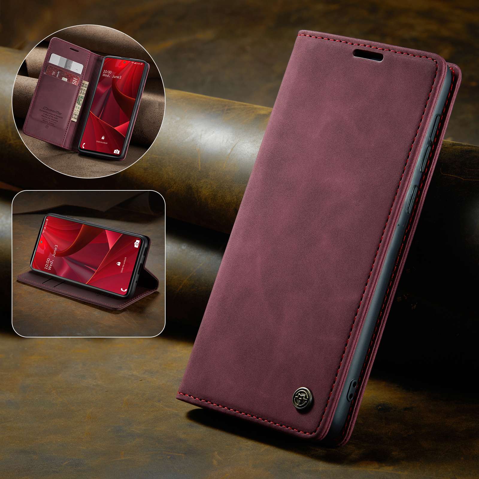 CASEME 013 Series Auto-absorbed Leather Folio Flip Stand Wallet Case for Samsung Galaxy S20 FE 4G/FE 5G/S20 Lite/S20 FE 2022/S20 FE 2022 - Red