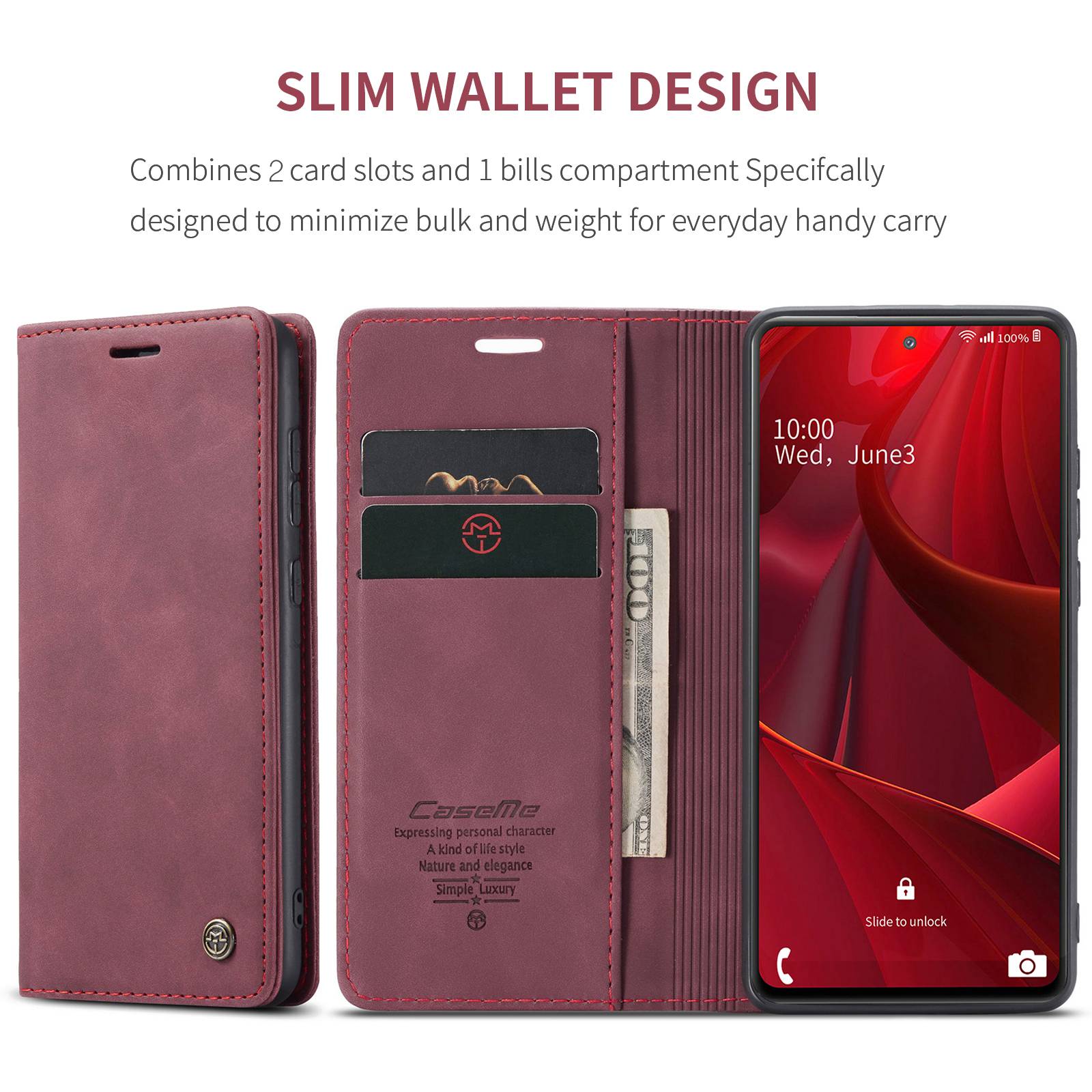 CASEME 013 Series Auto-absorbed Leather Folio Flip Stand Wallet Case for Samsung Galaxy S20 FE 4G/FE 5G/S20 Lite/S20 FE 2022/S20 FE 2022 - Red