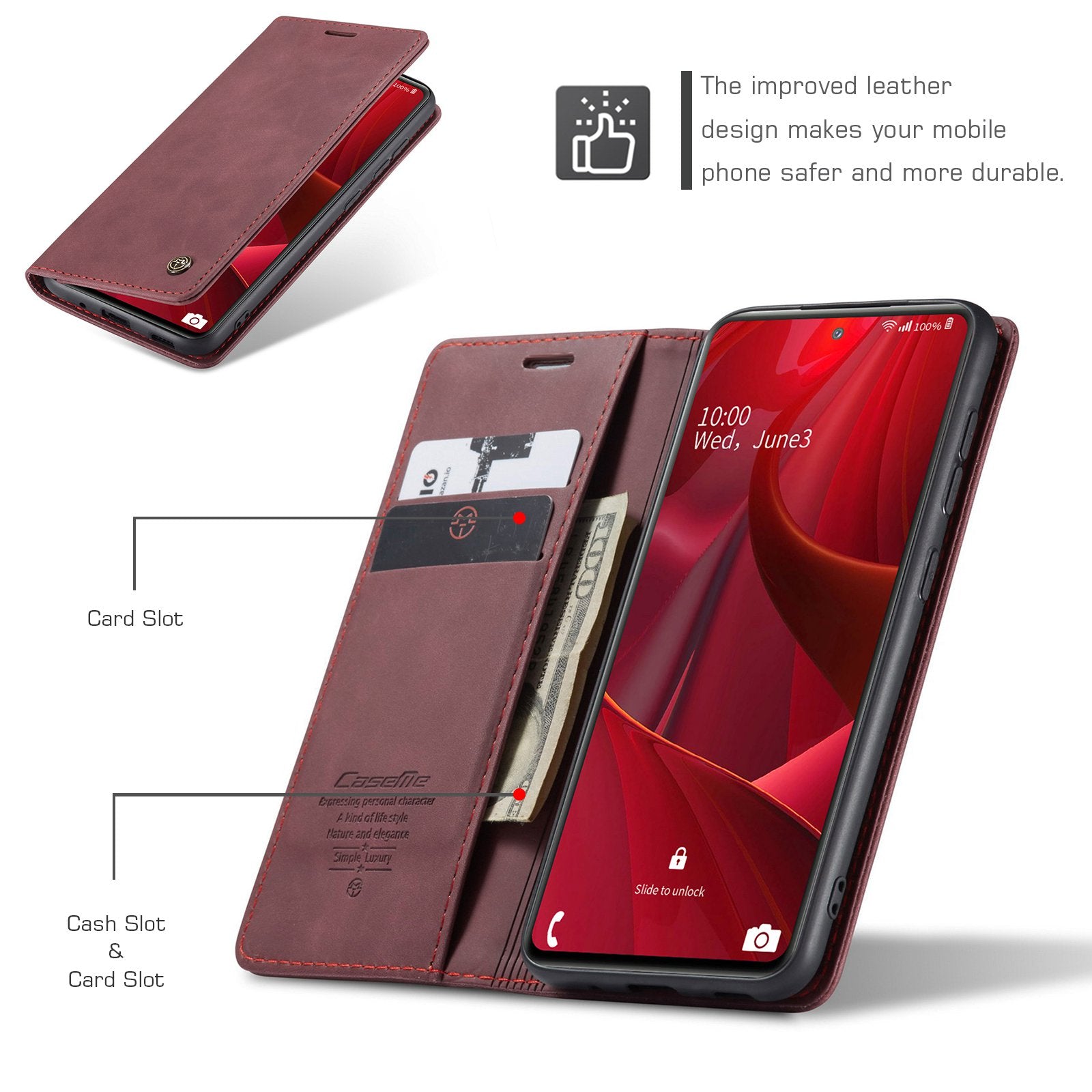 CASEME 013 Series Auto-absorbed Leather Folio Flip Stand Wallet Case for Samsung Galaxy S20 FE 4G/FE 5G/S20 Lite/S20 FE 2022/S20 FE 2022 - Red