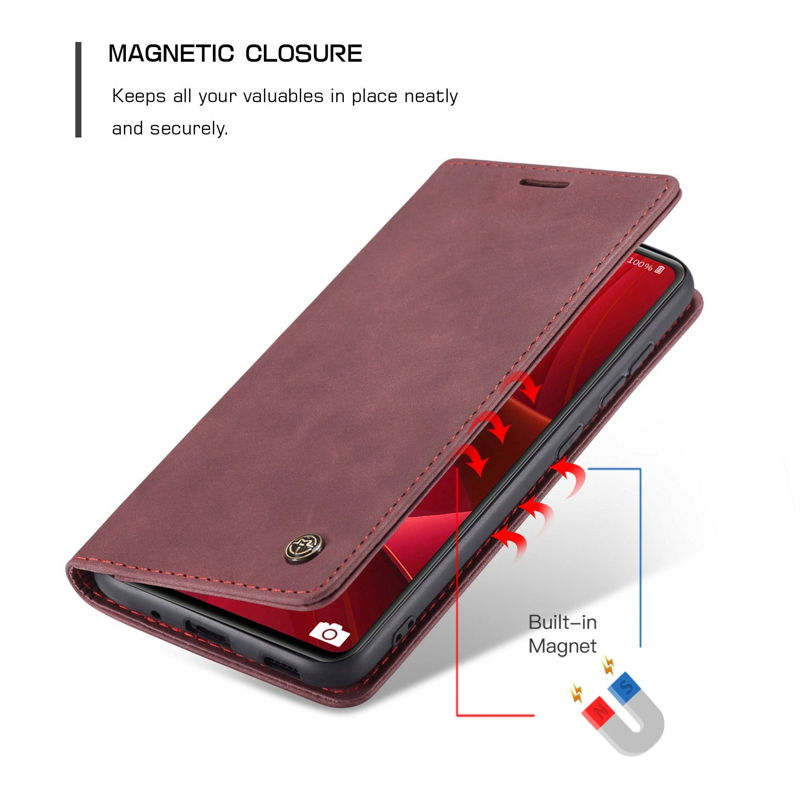 CASEME 013 Series Auto-absorbed Leather Folio Flip Stand Wallet Case for Samsung Galaxy S20 FE 4G/FE 5G/S20 Lite/S20 FE 2022/S20 FE 2022 - Red