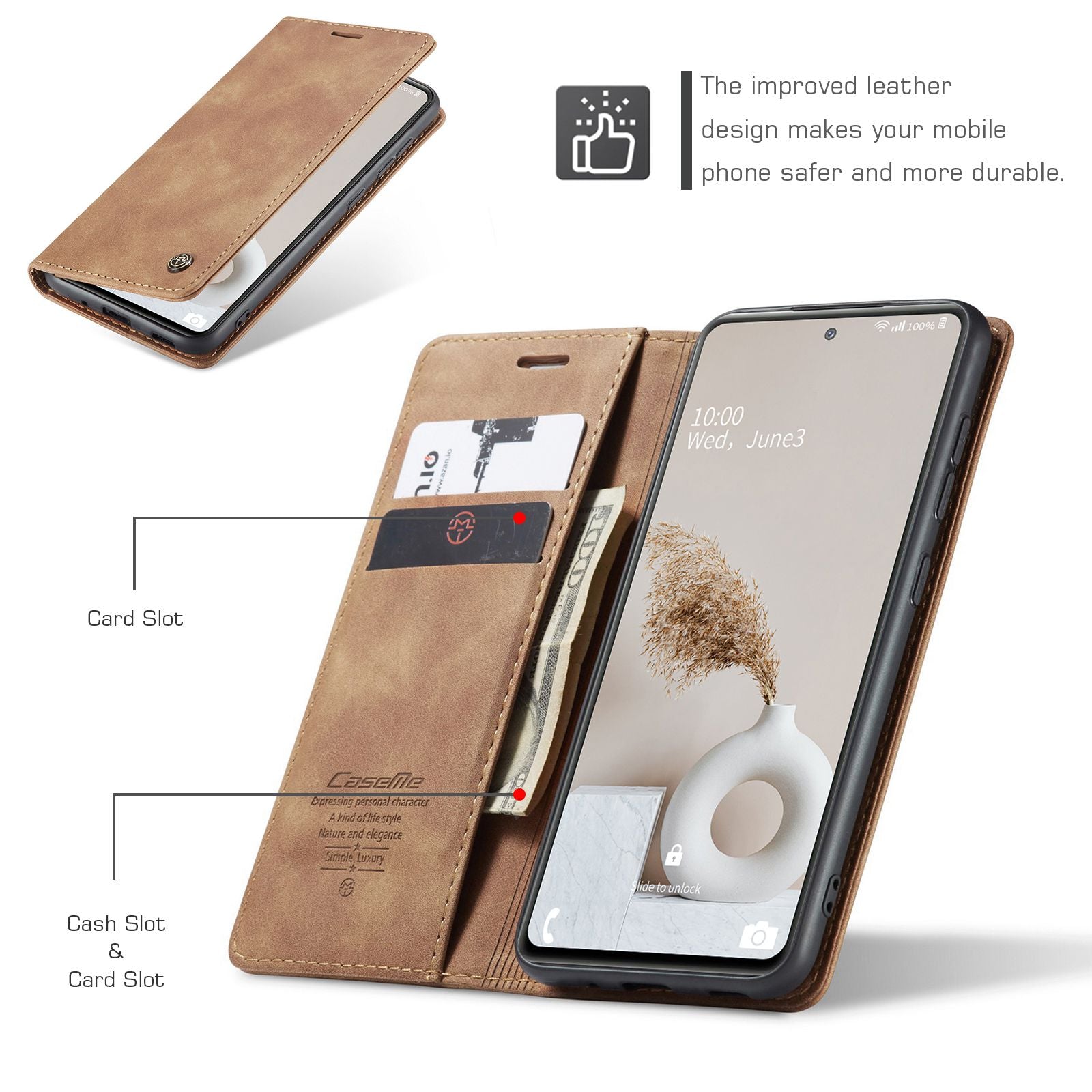 CASEME 013 Series Auto-absorbed Leather Folio Flip Stand Wallet Case for Samsung Galaxy S20 FE 4G/FE 5G/S20 Lite/S20 FE 2022/S20 FE 2022 - Brown