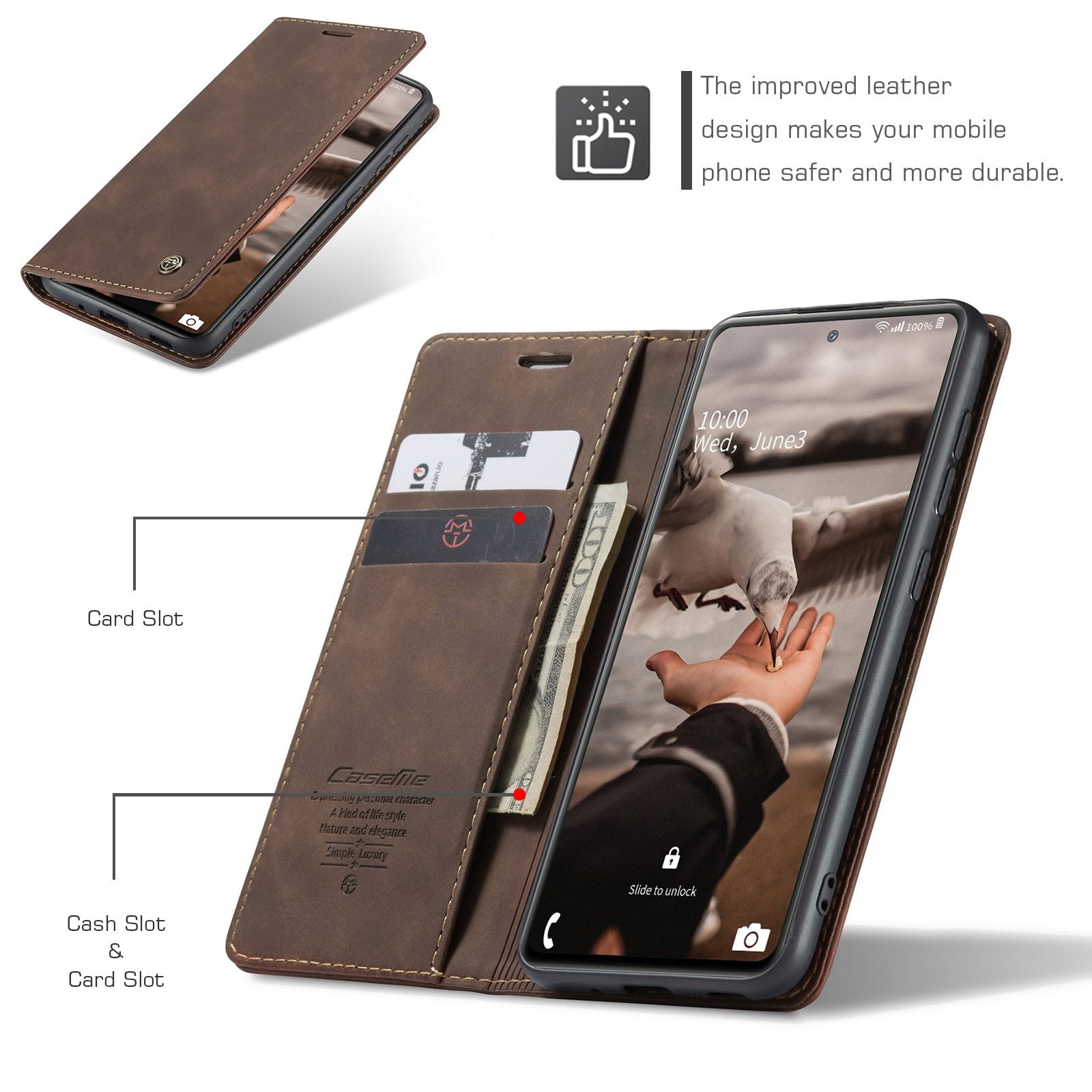 CASEME 013 Series Auto-absorbed Leather Folio Flip Stand Wallet Case for Samsung Galaxy S20 FE 4G/FE 5G/S20 Lite/S20 FE 2022/S20 FE 2022 - Coffee