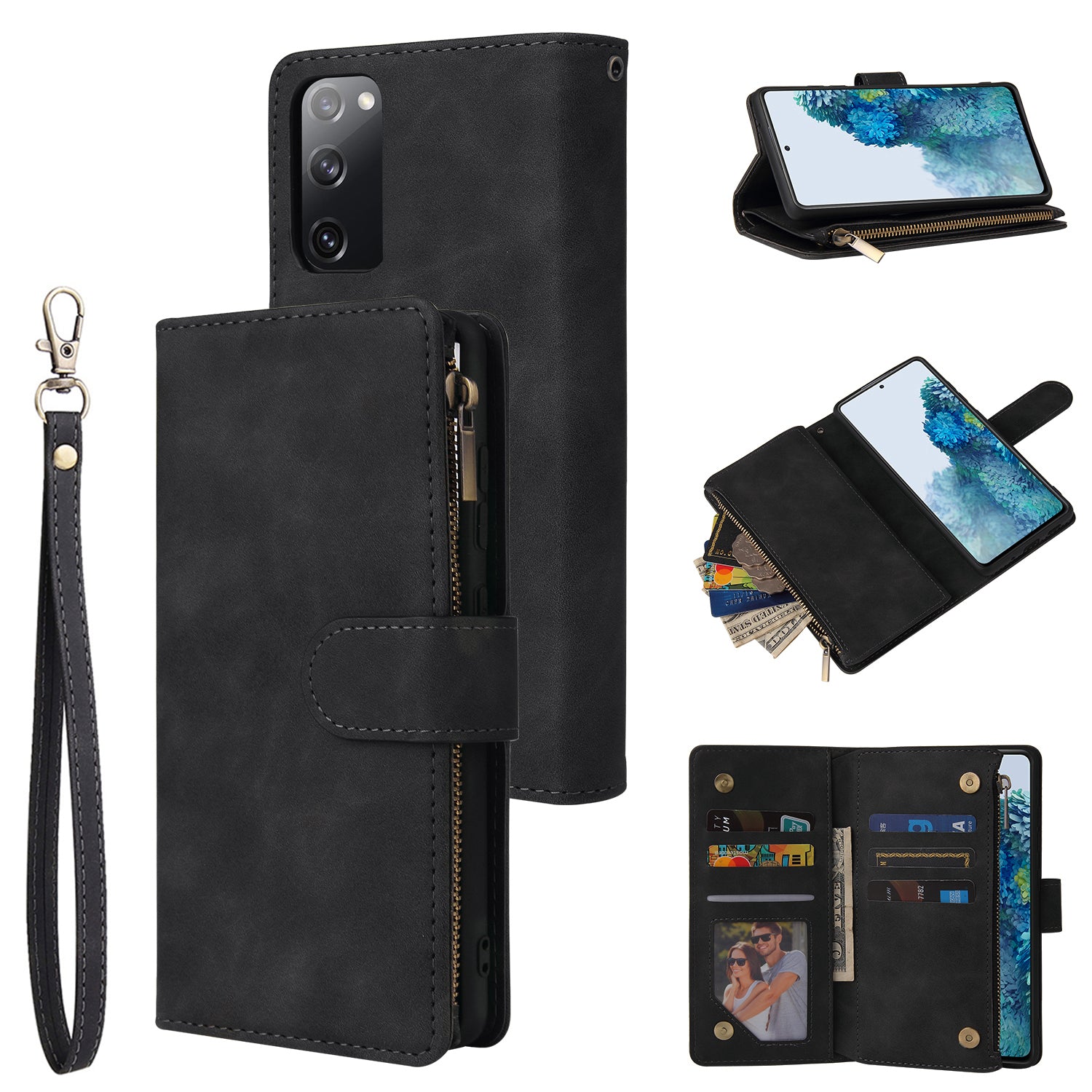 For Samsung Galaxy S20 FE/S20 Fan Edition/S20 FE 5G/S20 Fan Edition 5G/S20 Lite/S20 FE 2022 Cell Phone Cover Multiple Card Slots PU Leather Wallet Phone Covering Case - Black