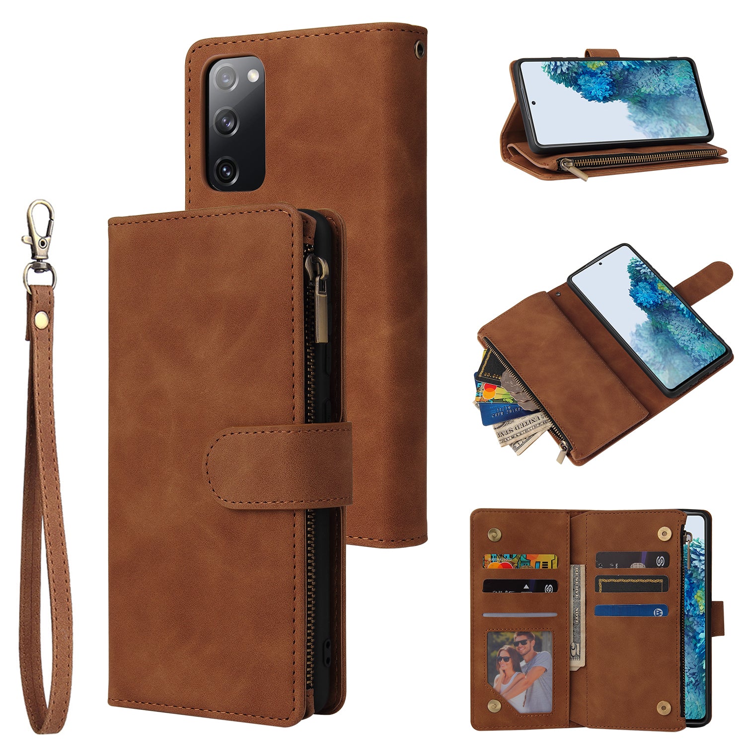 For Samsung Galaxy S20 FE/S20 Fan Edition/S20 FE 5G/S20 Fan Edition 5G/S20 Lite/S20 FE 2022 Cell Phone Cover Multiple Card Slots PU Leather Wallet Phone Covering Case - Brown