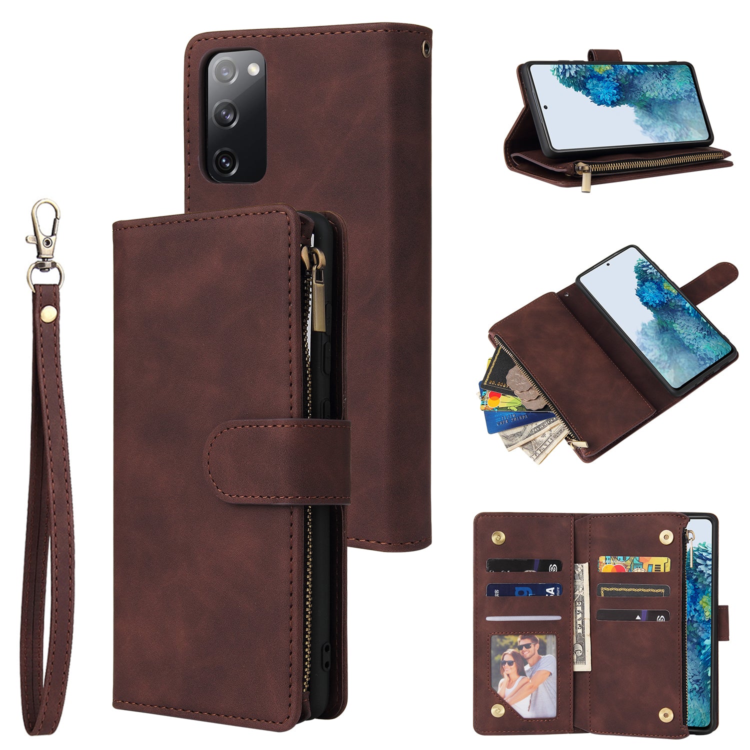 For Samsung Galaxy S20 FE/S20 Fan Edition/S20 FE 5G/S20 Fan Edition 5G/S20 Lite/S20 FE 2022 Cell Phone Cover Multiple Card Slots PU Leather Wallet Phone Covering Case - Coffee