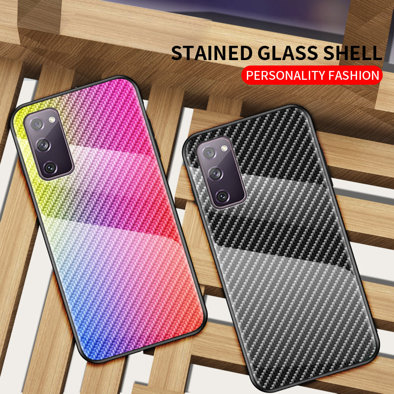 Carbon Fiber Texture Tempered Glass + PC + TPU Hybrid Case for Samsung Galaxy S20 FE 5G/Fan Edition 5G/S20 FE/Fan Edition/S20 Lite/S20 FE 2022 - Black