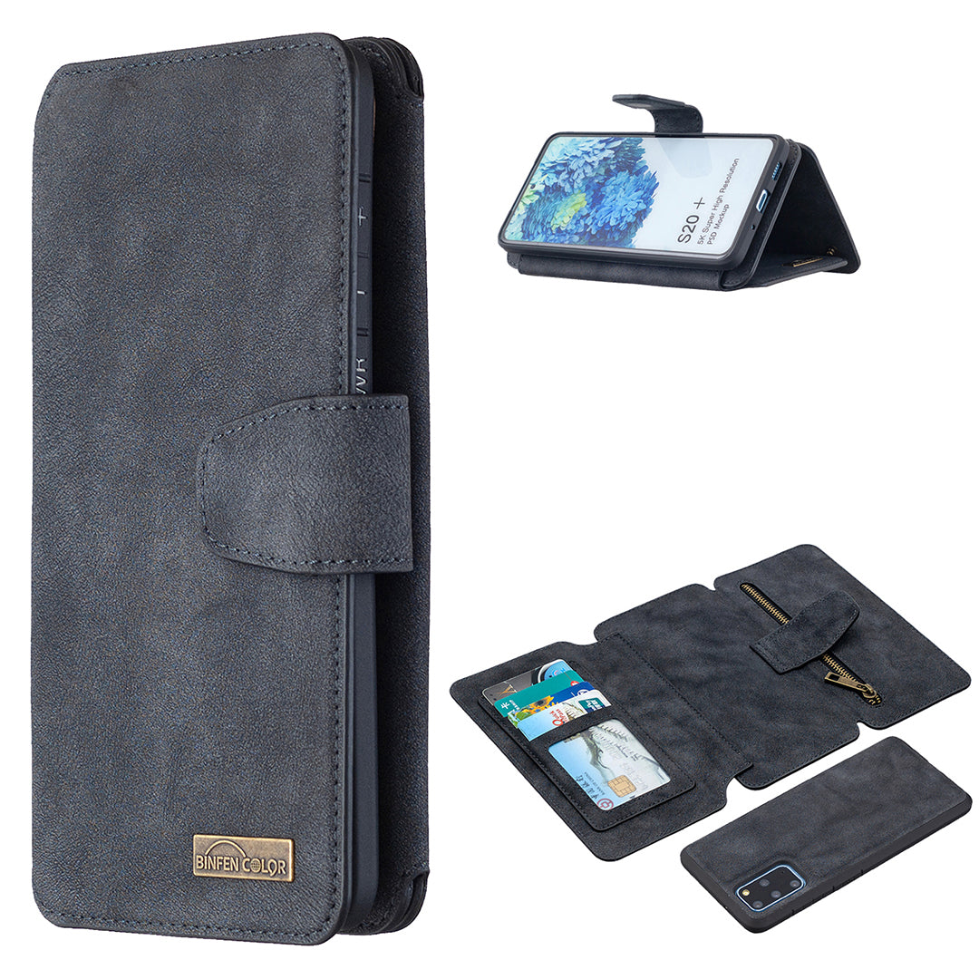 BF07 Detachable Matte Finish Leather Wallet Phone Cover with Zippered Pocket for Samsung Galaxy S20 Plus / S20 Plus 5G - Black