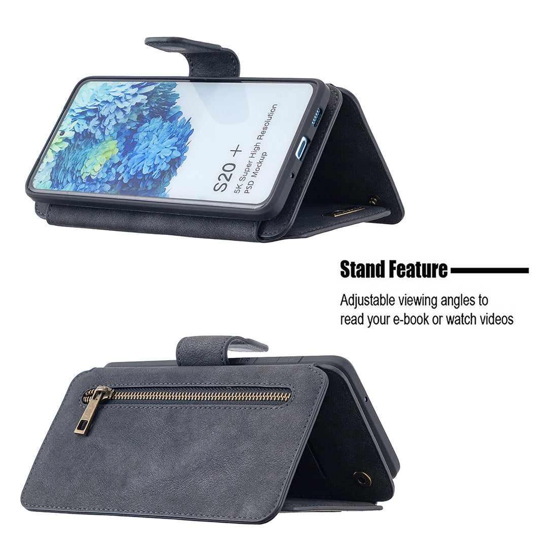 BF07 Detachable Matte Finish Leather Wallet Phone Cover with Zippered Pocket for Samsung Galaxy S20 Plus / S20 Plus 5G - Black