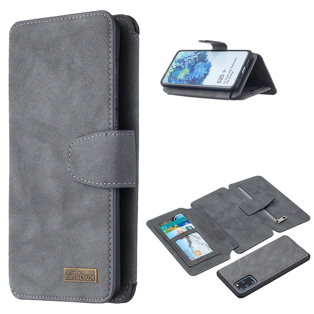 BF07 Detachable Matte Finish Leather Wallet Phone Cover with Zippered Pocket for Samsung Galaxy S20 Plus / S20 Plus 5G - Grey