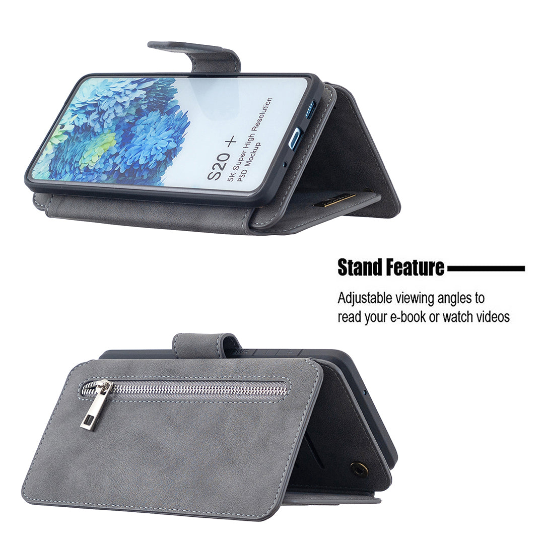 BF07 Detachable Matte Finish Leather Wallet Phone Cover with Zippered Pocket for Samsung Galaxy S20 Plus / S20 Plus 5G - Grey