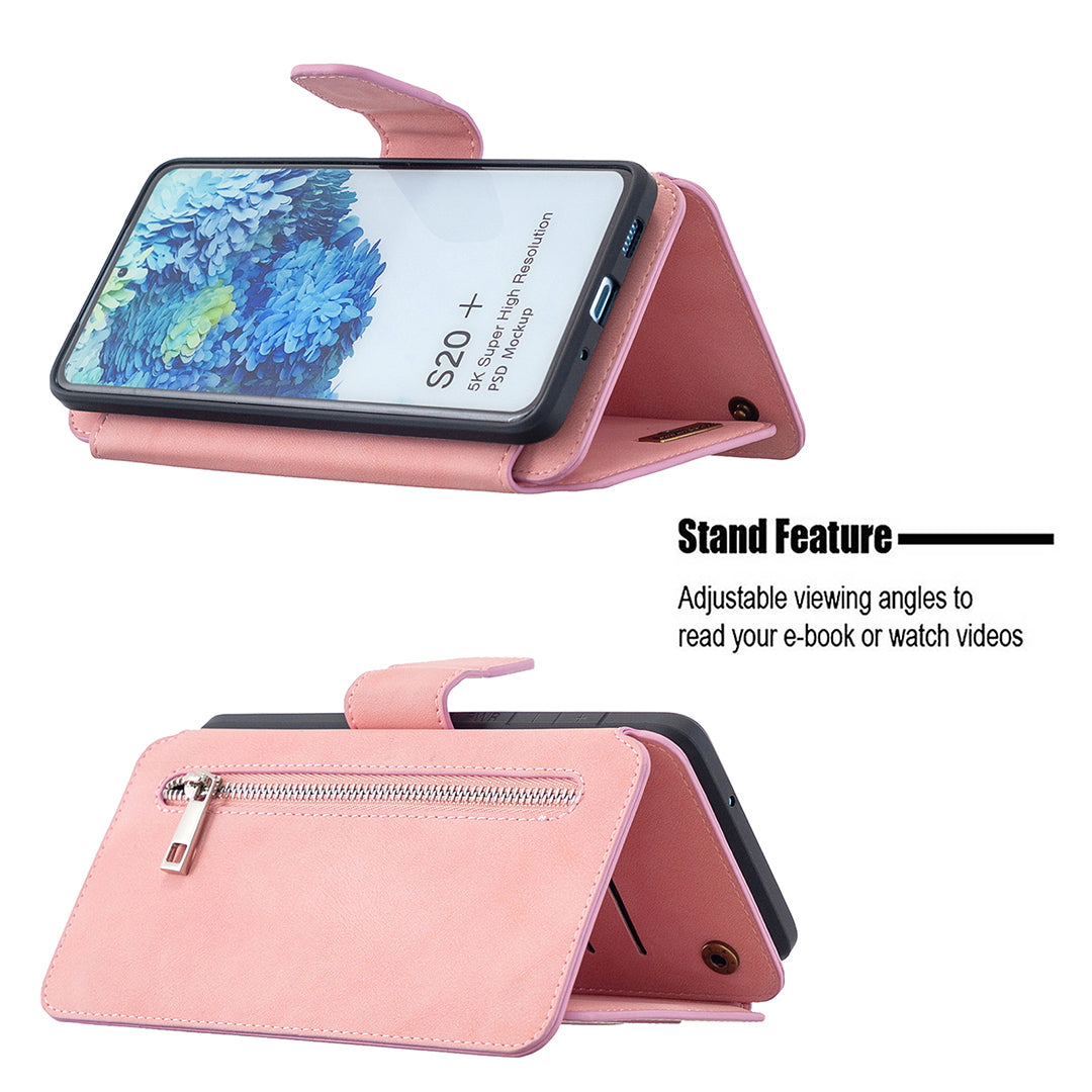 BF07 Detachable Matte Finish Leather Wallet Phone Cover with Zippered Pocket for Samsung Galaxy S20 Plus / S20 Plus 5G - Pink