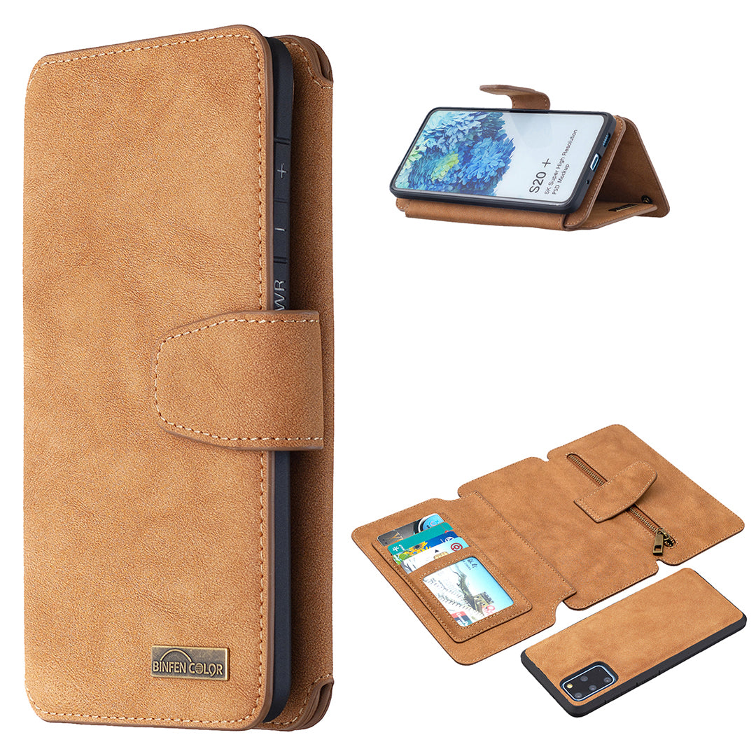 BF07 Detachable Matte Finish Leather Wallet Phone Cover with Zippered Pocket for Samsung Galaxy S20 Plus / S20 Plus 5G - Brown