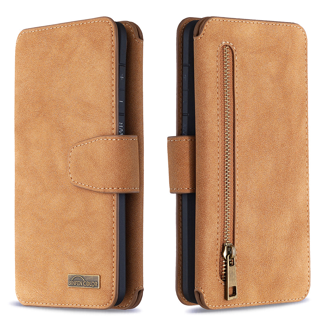 BF07 Detachable Matte Finish Leather Wallet Phone Cover with Zippered Pocket for Samsung Galaxy S20 Plus / S20 Plus 5G - Brown