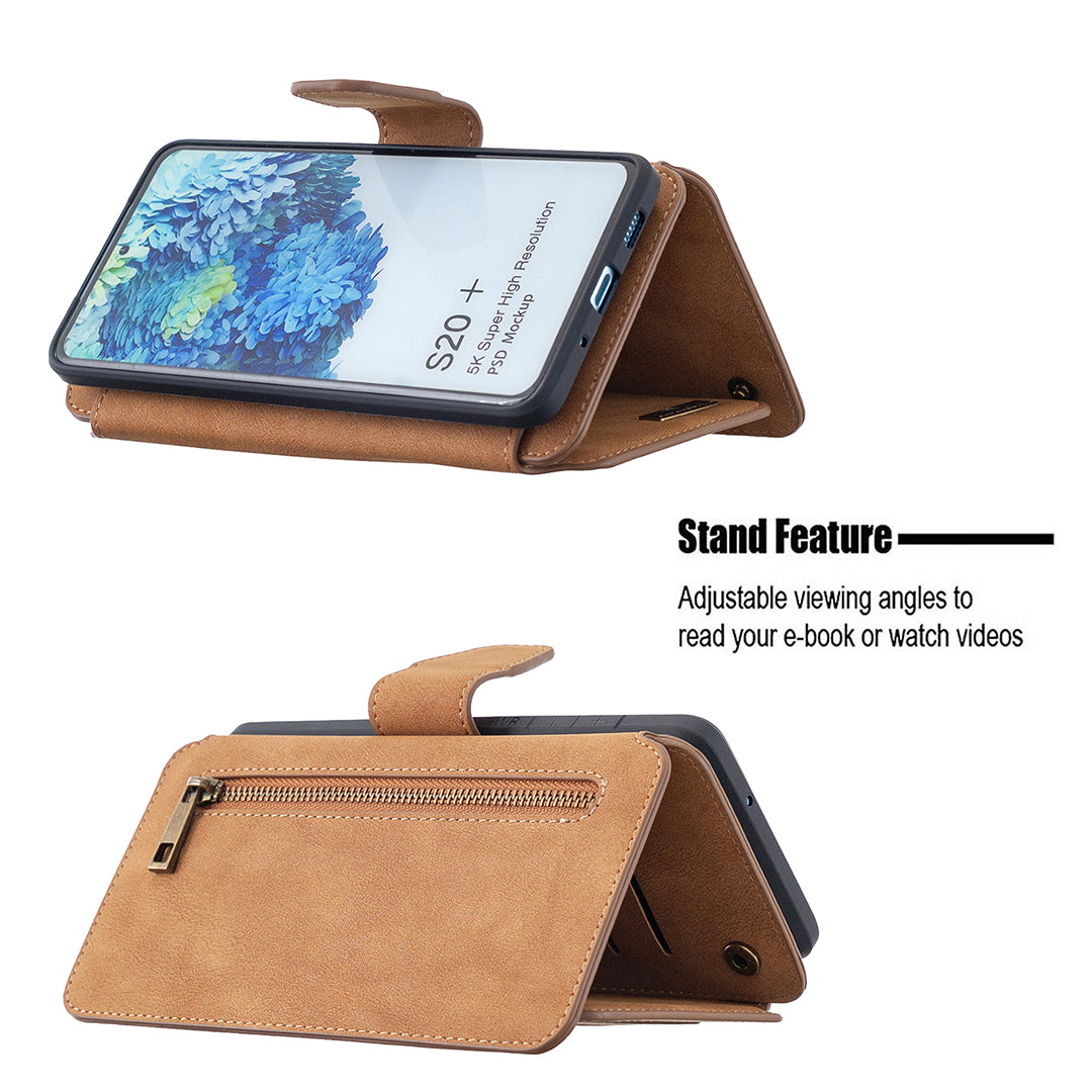 BF07 Detachable Matte Finish Leather Wallet Phone Cover with Zippered Pocket for Samsung Galaxy S20 Plus / S20 Plus 5G - Brown