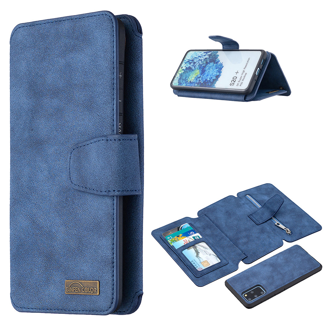 BF07 Detachable Matte Finish Leather Wallet Phone Cover with Zippered Pocket for Samsung Galaxy S20 Plus / S20 Plus 5G - Blue