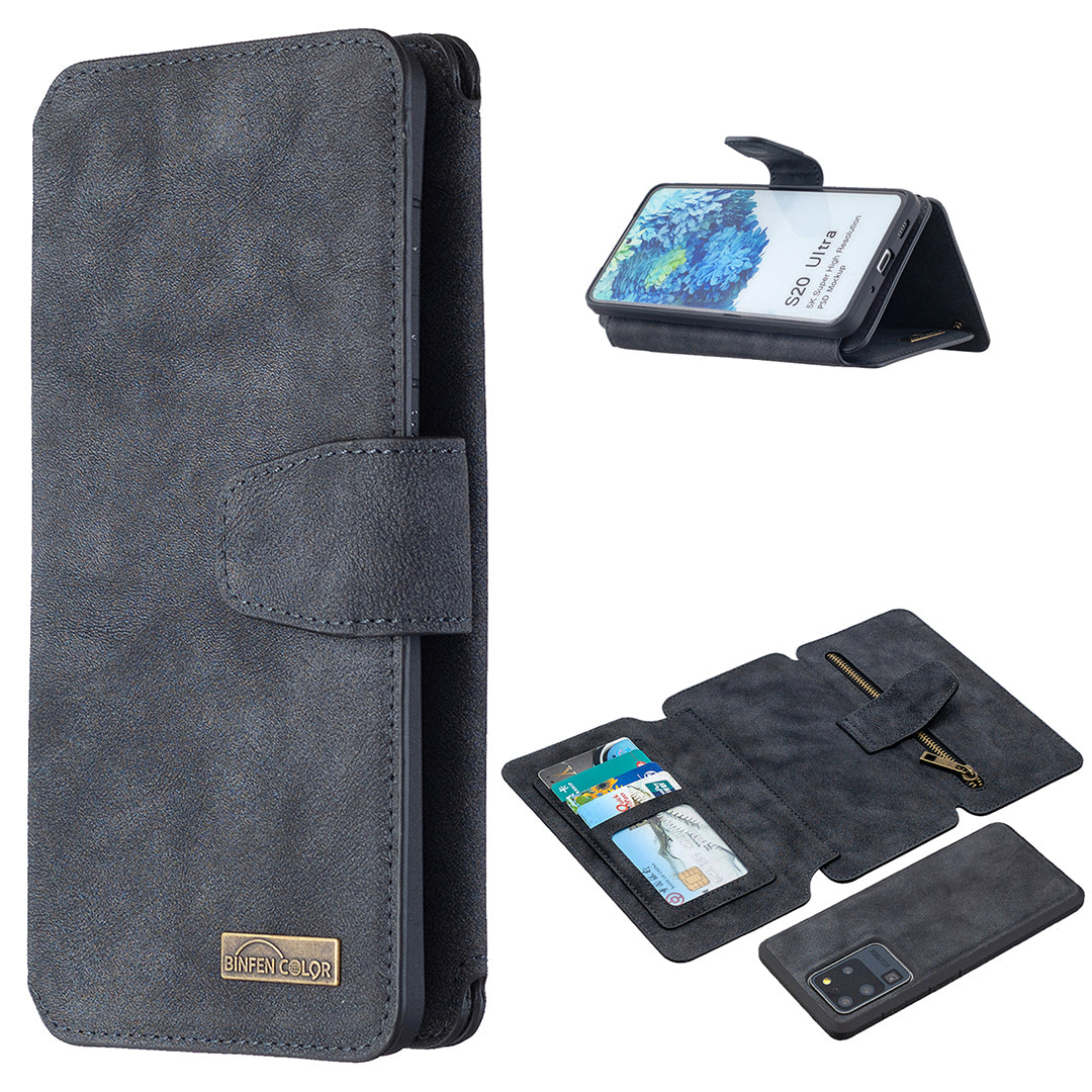 BF07 Detachable Matte Finish Leather Wallet Phone Cover with Zippered Pocket for Samsung Galaxy S20 Ultra - Black