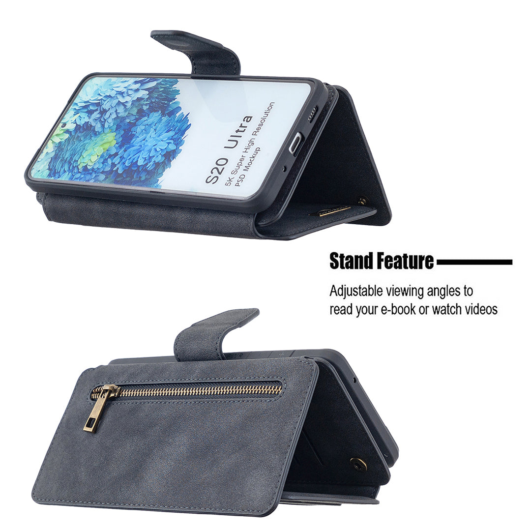 BF07 Detachable Matte Finish Leather Wallet Phone Cover with Zippered Pocket for Samsung Galaxy S20 Ultra - Black