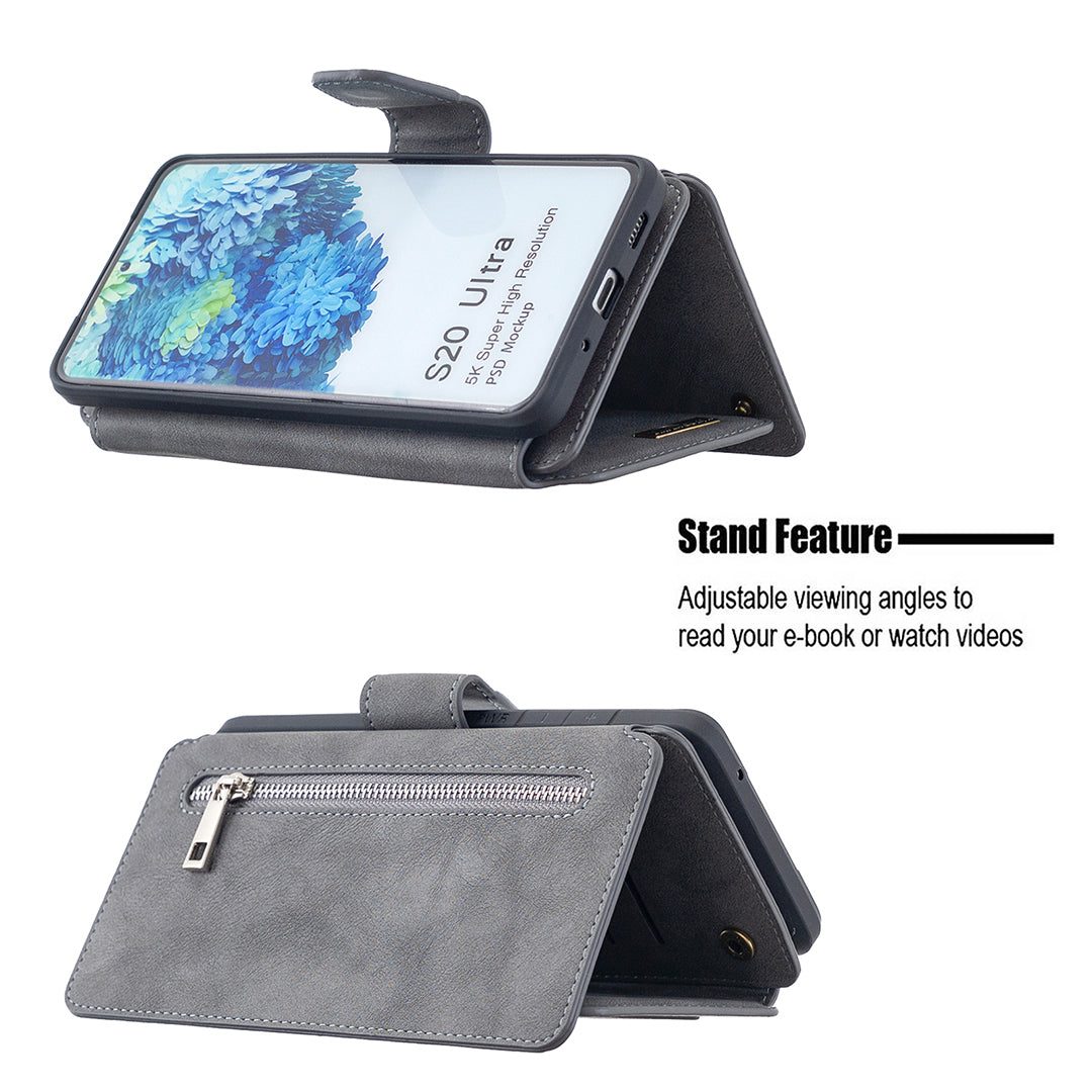 BF07 Detachable Matte Finish Leather Wallet Phone Cover with Zippered Pocket for Samsung Galaxy S20 Ultra - Grey