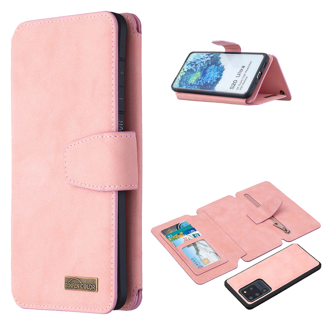 BF07 Detachable Matte Finish Leather Wallet Phone Cover with Zippered Pocket for Samsung Galaxy S20 Ultra - Pink