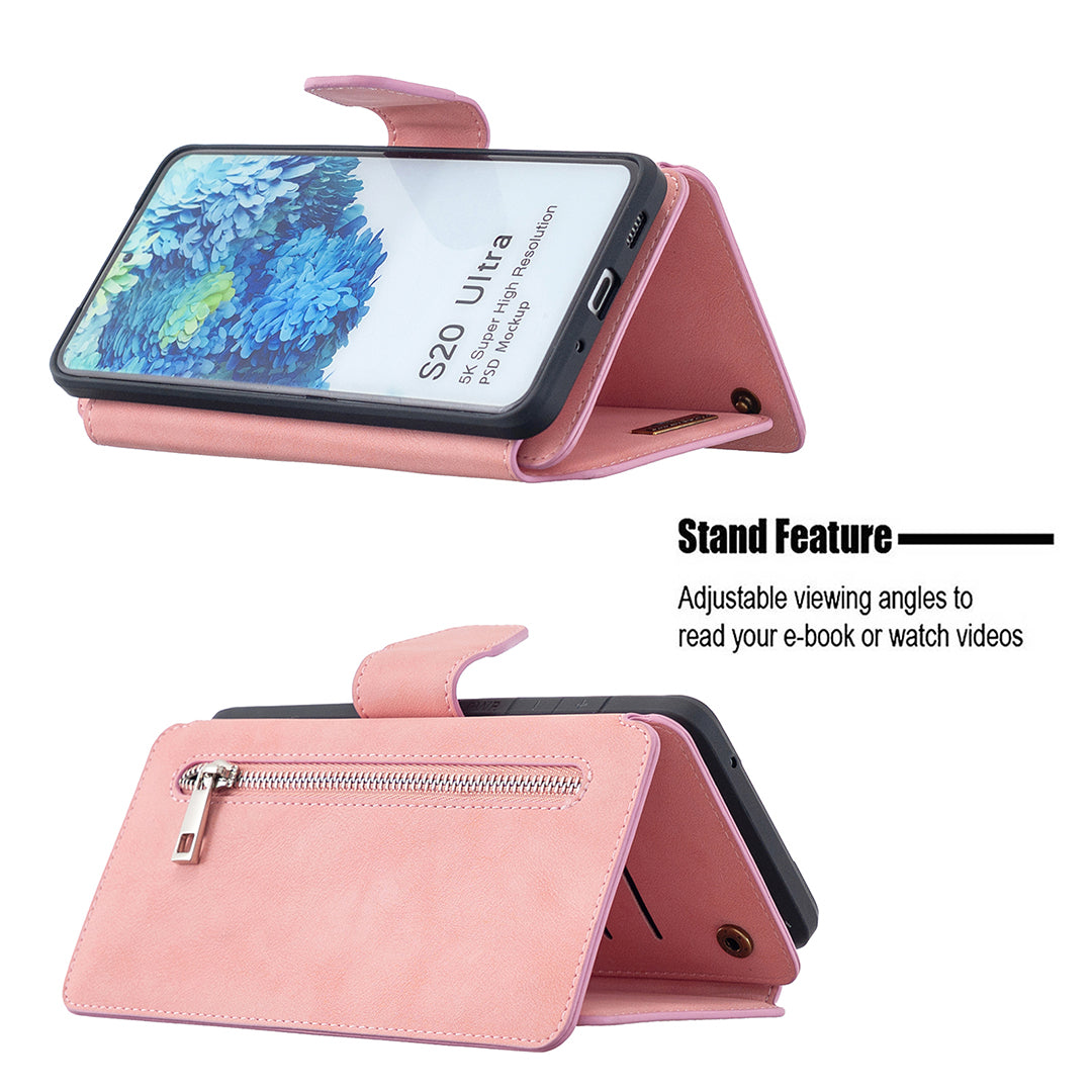 BF07 Detachable Matte Finish Leather Wallet Phone Cover with Zippered Pocket for Samsung Galaxy S20 Ultra - Pink