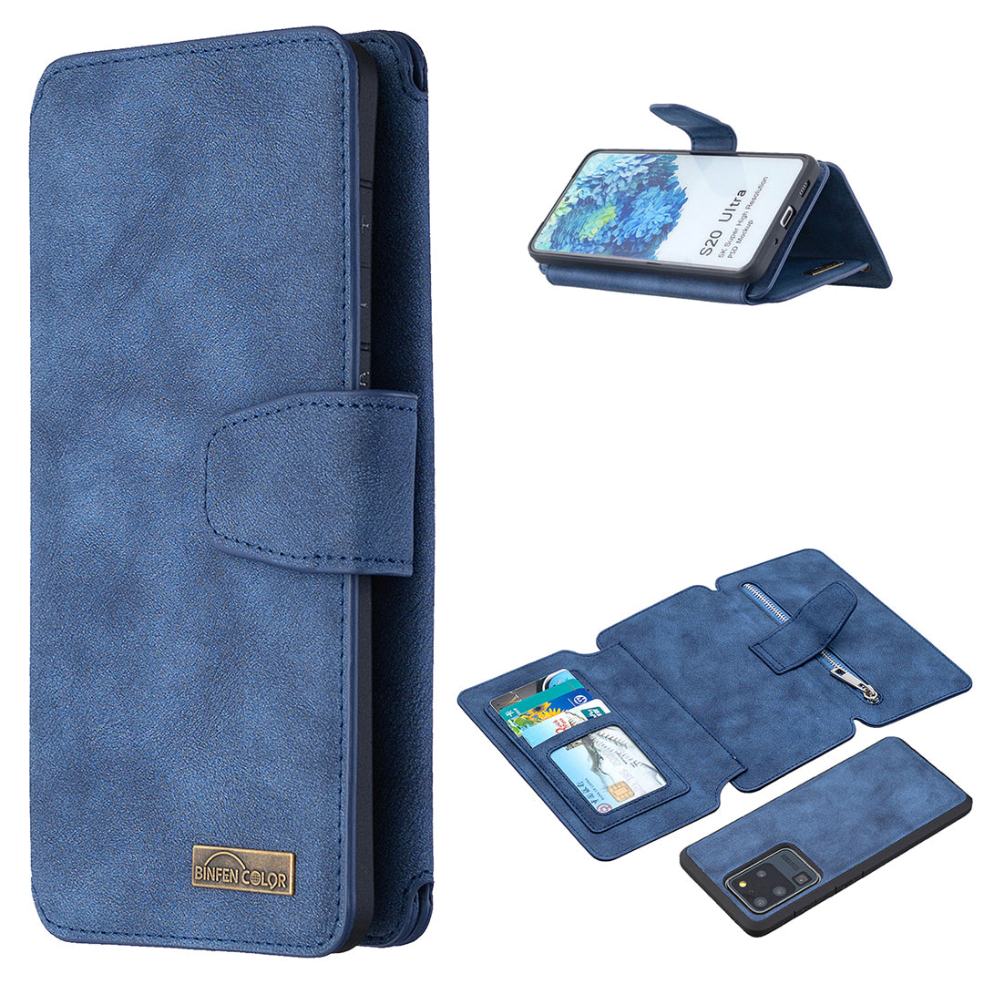 BF07 Detachable Matte Finish Leather Wallet Phone Cover with Zippered Pocket for Samsung Galaxy S20 Ultra - Blue