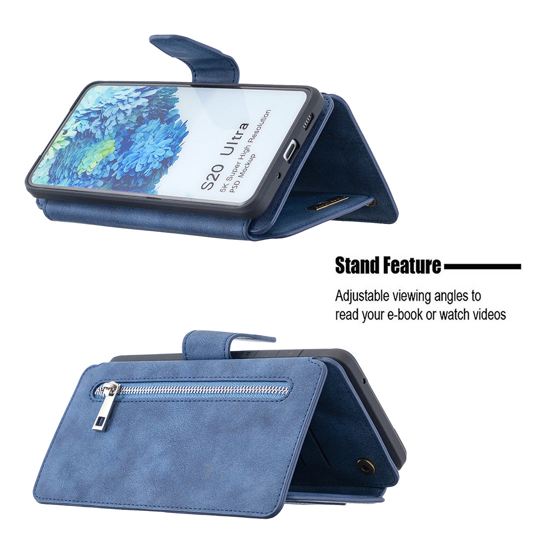 BF07 Detachable Matte Finish Leather Wallet Phone Cover with Zippered Pocket for Samsung Galaxy S20 Ultra - Blue