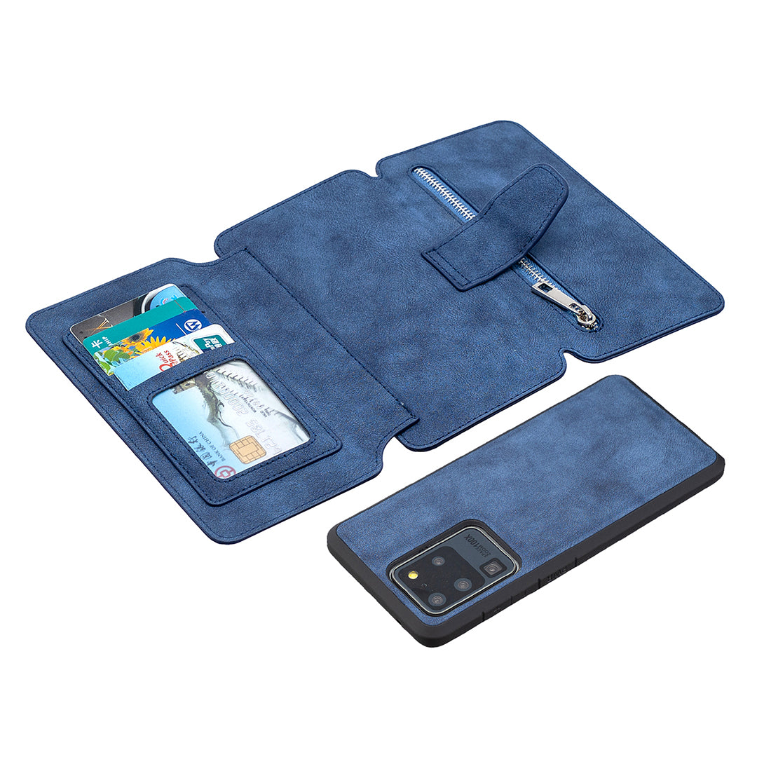 BF07 Detachable Matte Finish Leather Wallet Phone Cover with Zippered Pocket for Samsung Galaxy S20 Ultra - Blue