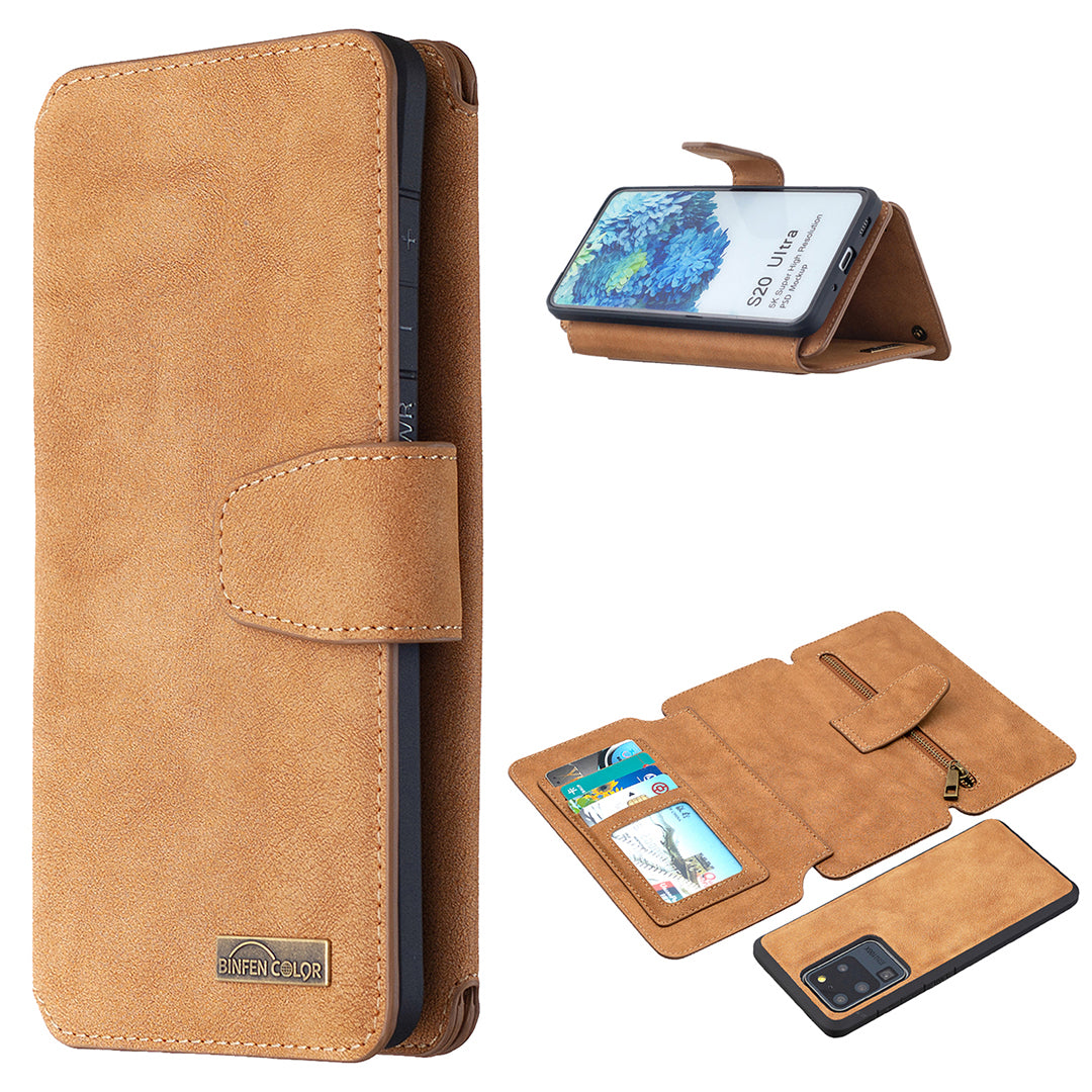 BF07 Detachable Matte Finish Leather Wallet Phone Cover with Zippered Pocket for Samsung Galaxy S20 Ultra - Brown