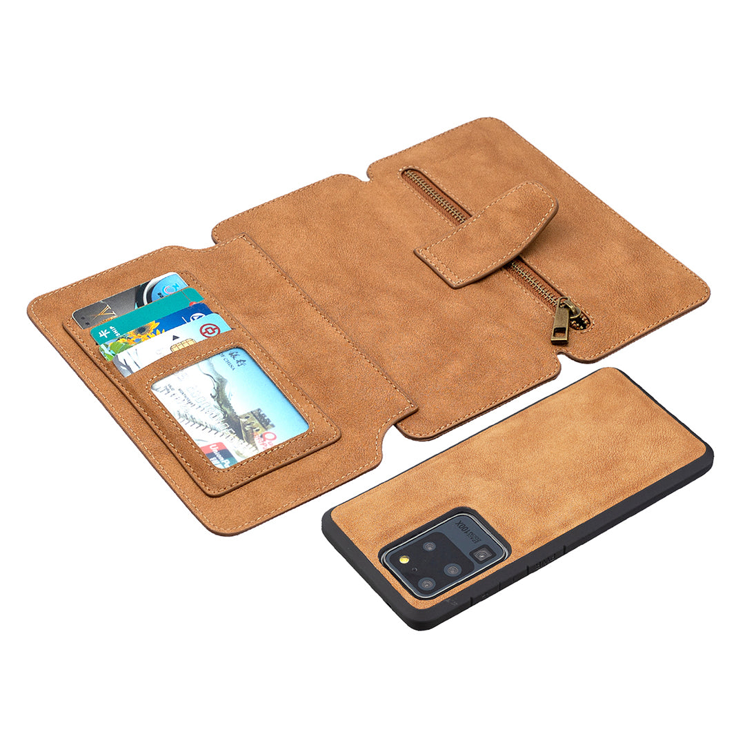 BF07 Detachable Matte Finish Leather Wallet Phone Cover with Zippered Pocket for Samsung Galaxy S20 Ultra - Brown