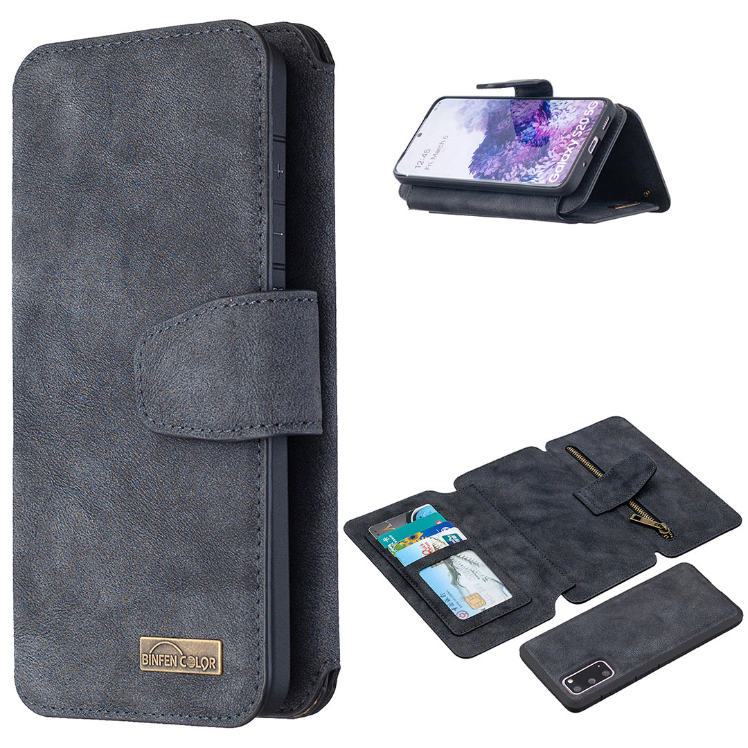 Detachable Matte Finish Leather Wallet Phone Cover with Zippered Pocket for Samsung Galaxy S20 4G/S20 5G - Black